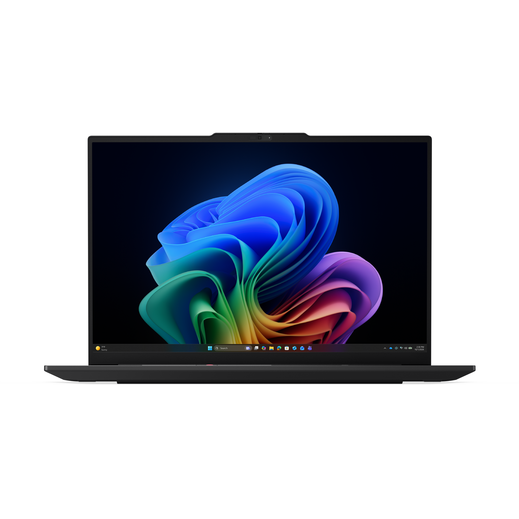 Schwarzer Laptop mit farbenfrohem Windows-Hintergrund und Taskleiste.