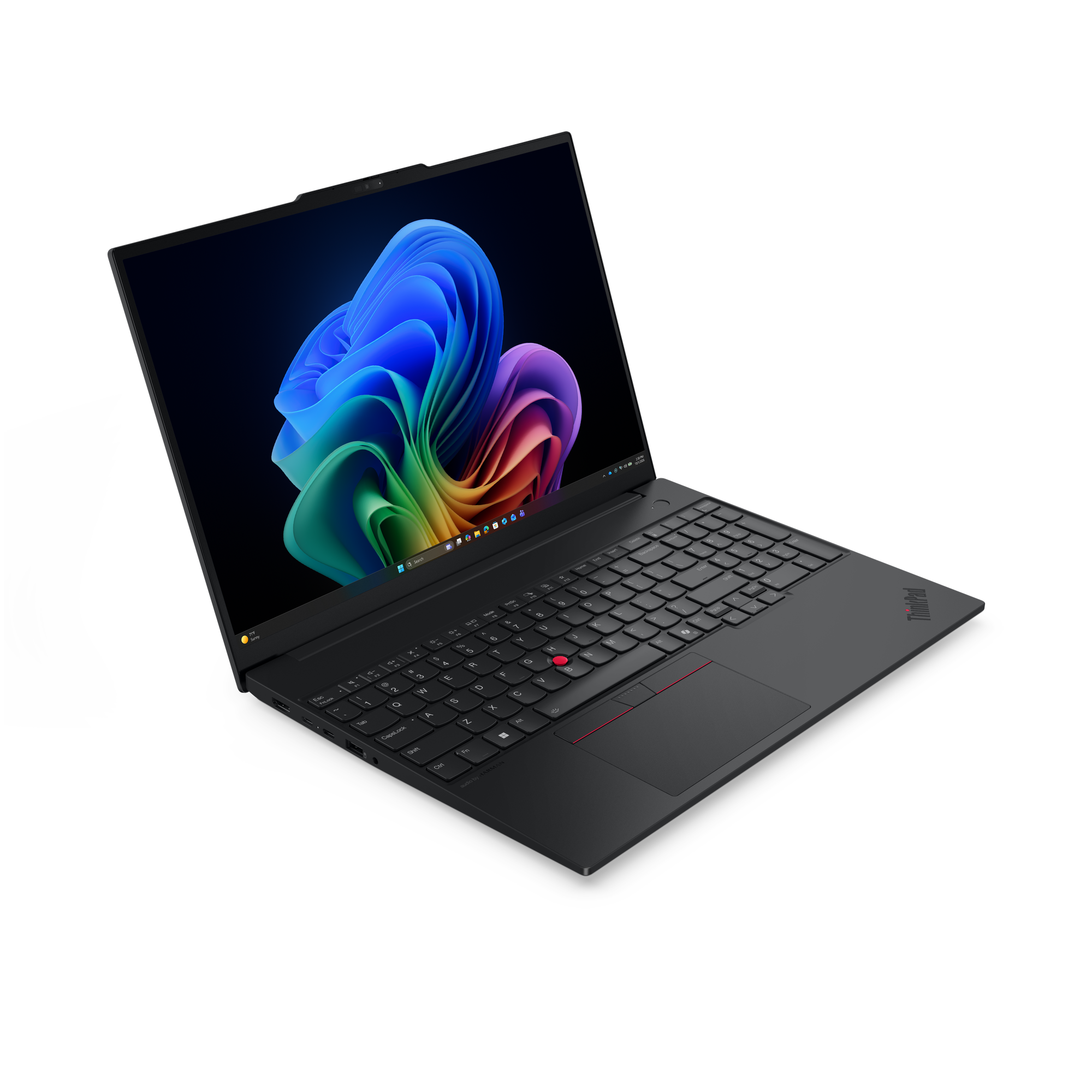 Ein geöffneter schwarzer Laptop mit farbenfrohem Hintergrund auf dem Bildschirm.