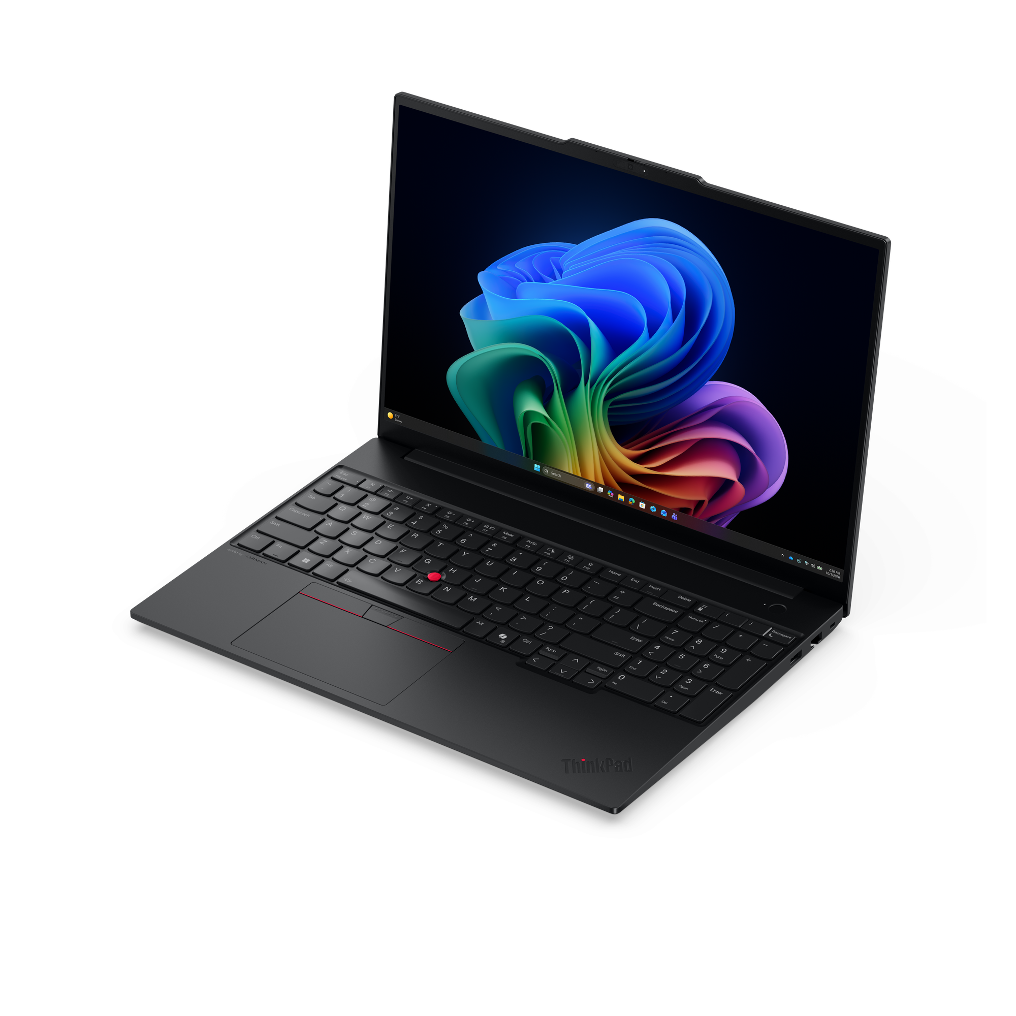 Schwarzer Laptop mit beleuchtetem Bildschirm, der ein blaues und grünes abstraktes Muster zeigt.