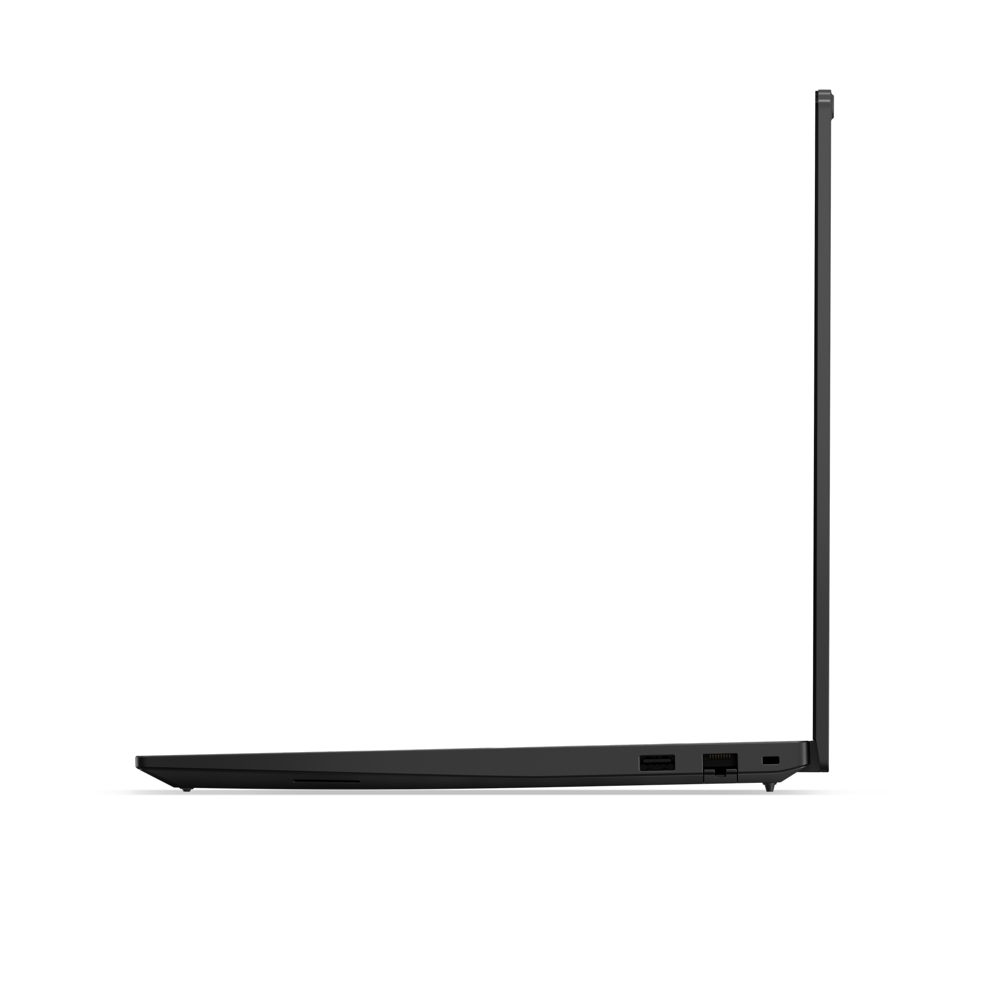 Ein schwarzer Laptop ist im Profil zu sehen, mit Anschlüssen an der Seite.