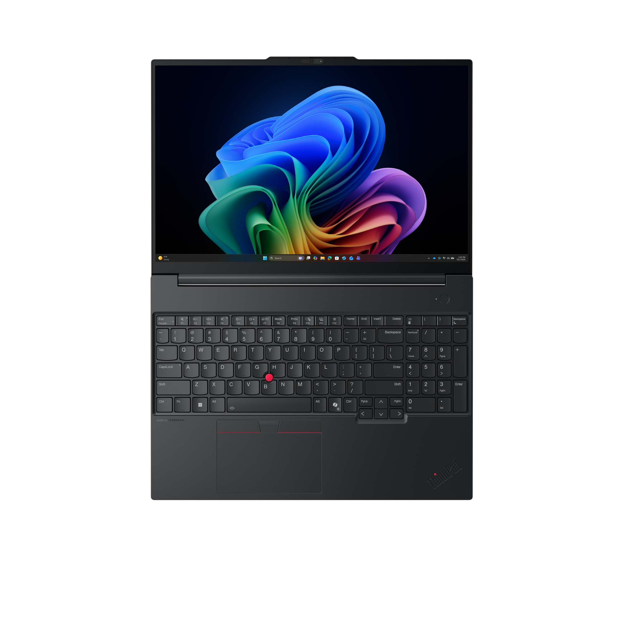 Ein geöffneter schwarzer Laptop mit einem bunten Desktop-Hintergrund. Tastatur und Touchpad sind sichtbar.