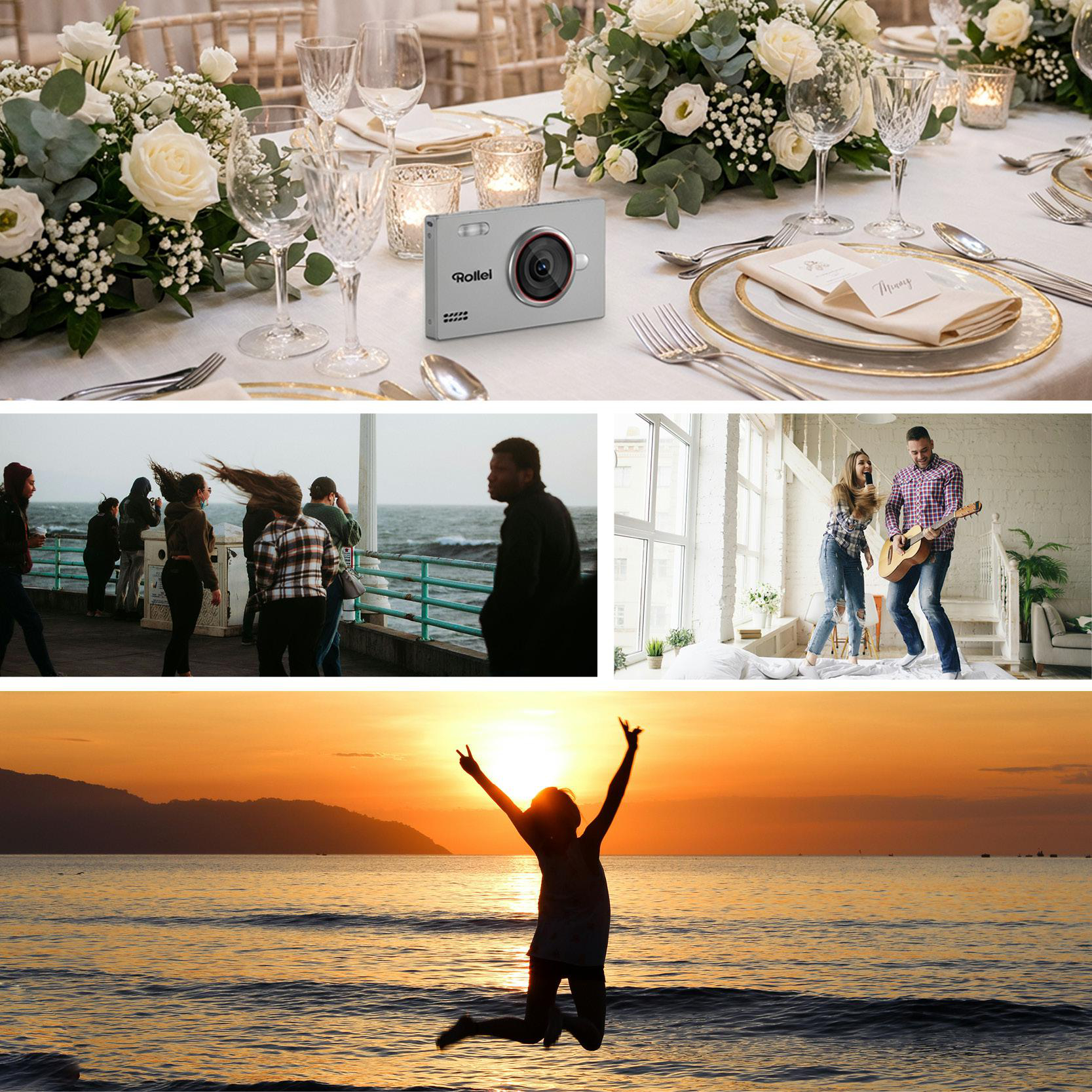 Hochzeitstafel, Kamera, Strand, Paar tanzt, Sonnenuntergangssprung.