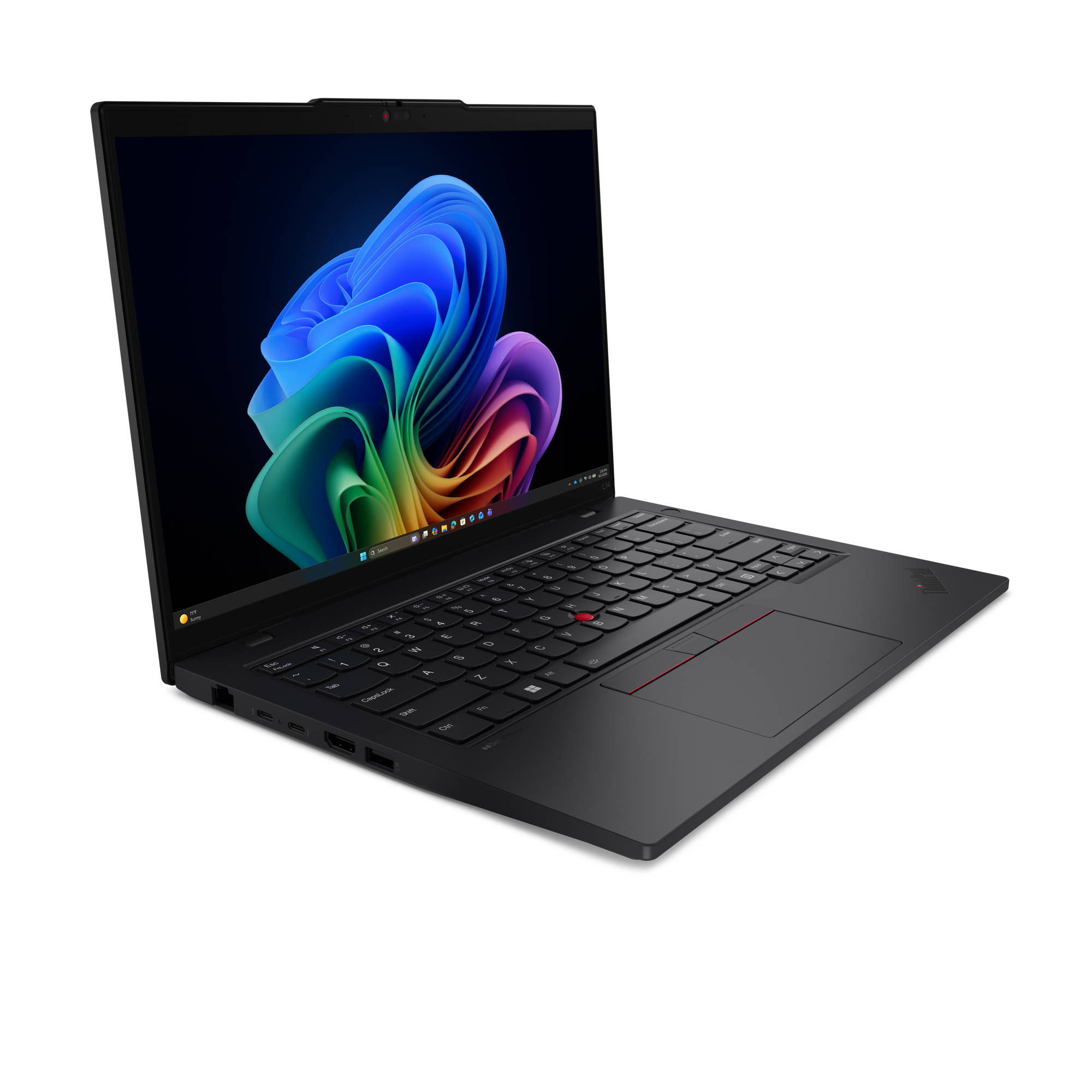 Ein schwarzer Laptop mit einem bunten Hintergrundbild auf dem Bildschirm.