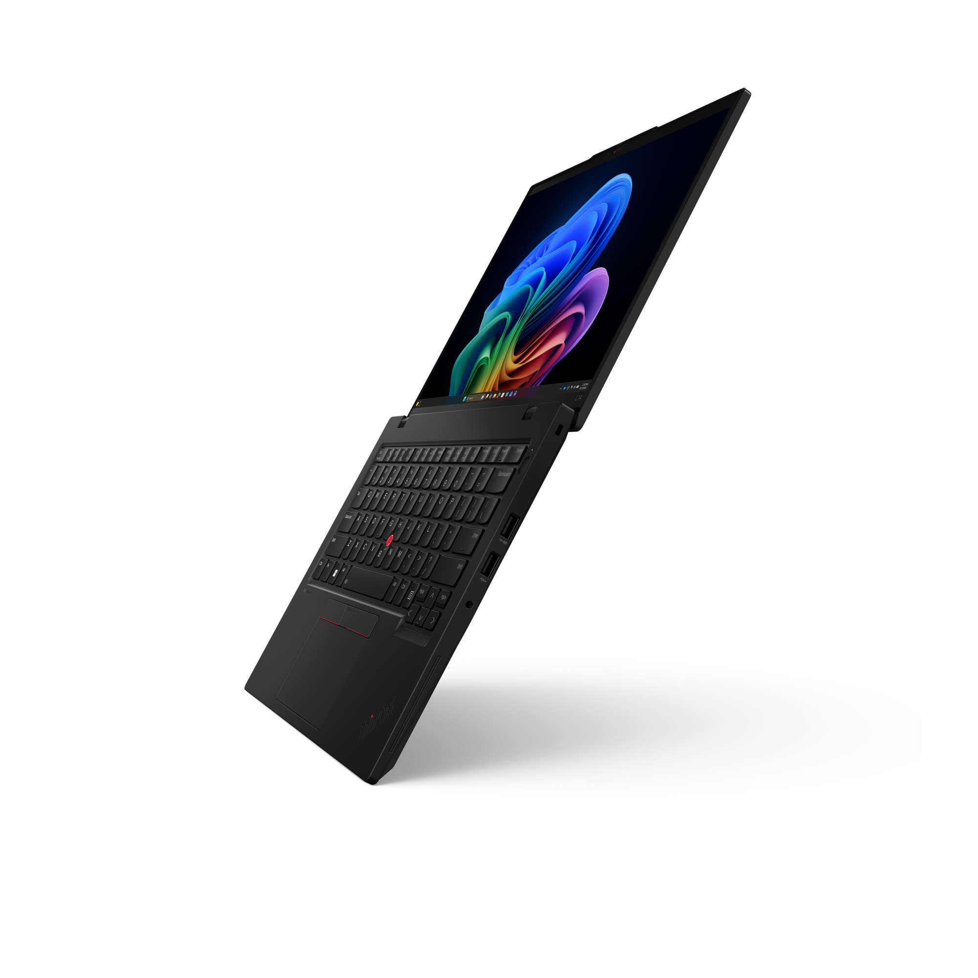Ein schwarzer Laptop mit einem bunten Hintergrundbild auf dem Bildschirm.