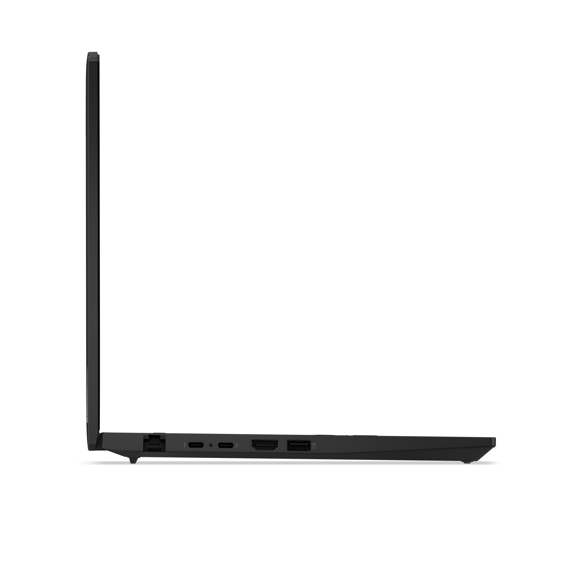 Seitenansicht eines schwarzen Laptops mit Anschlüssen: Ethernet, USB-C, HDMI, USB-A.
