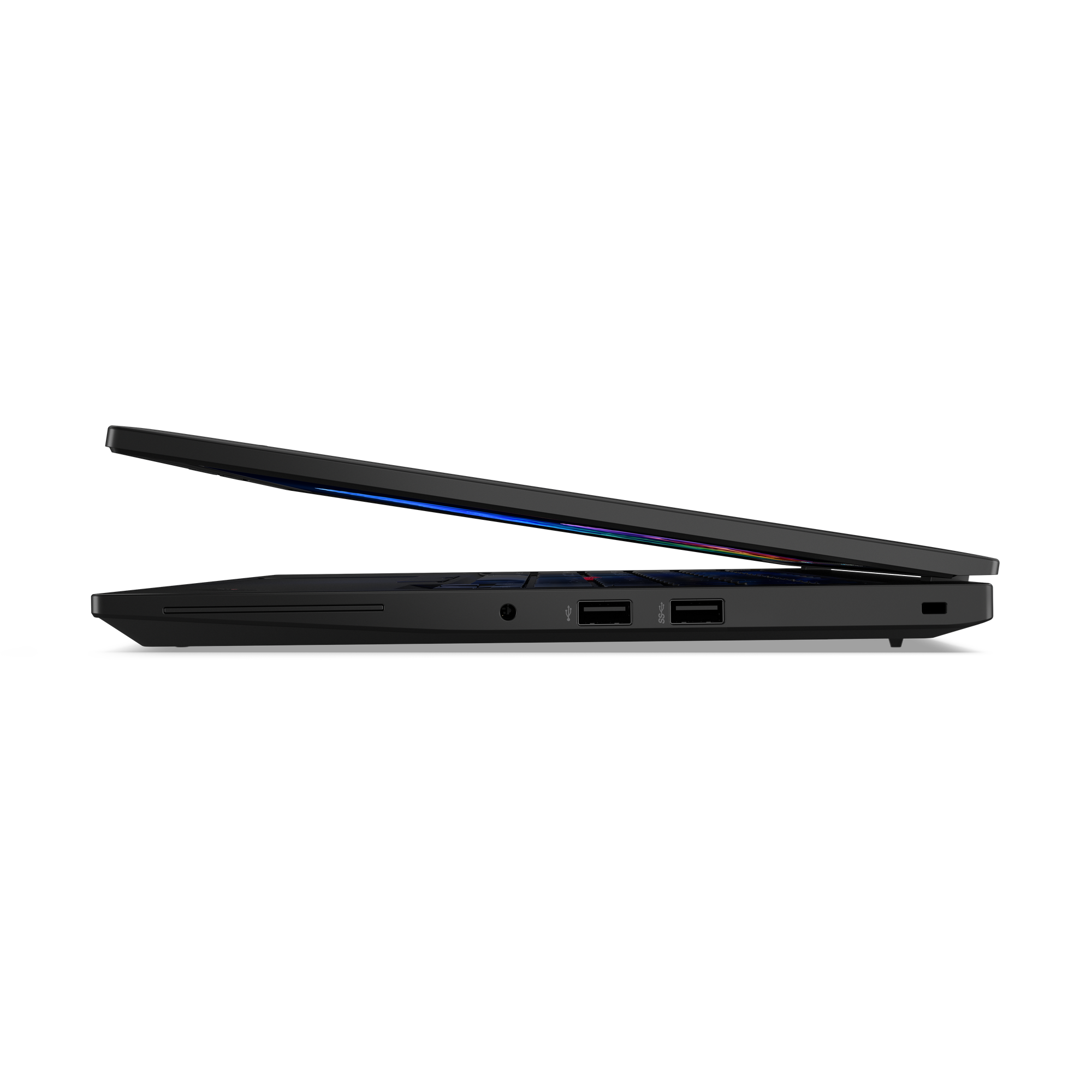 Schwarzer Laptop von der Seite, Bildschirm leicht geöffnet, mit blauer Beleuchtung.