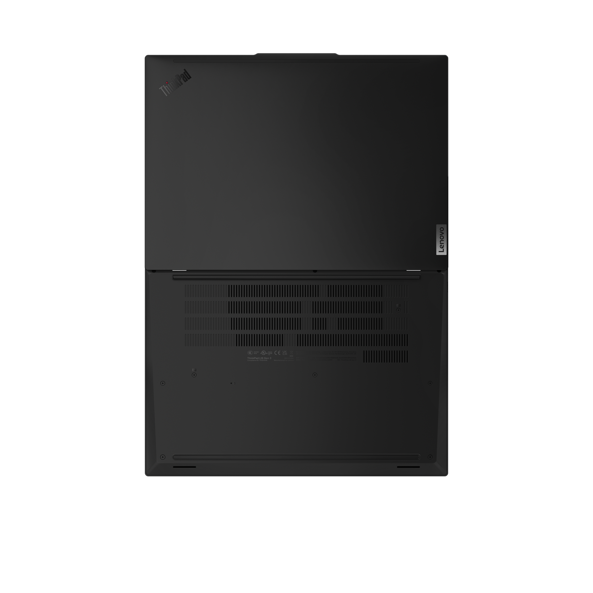 Ein geschlossener schwarzer Lenovo ThinkPad Laptop von unten mit Lüftungsschlitzen und Logos.
