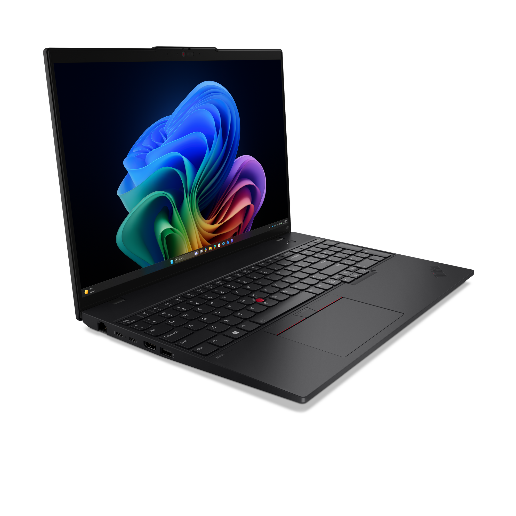 Schwarzer Laptop mit buntem Hintergrundbild, Tastatur und Touchpad.