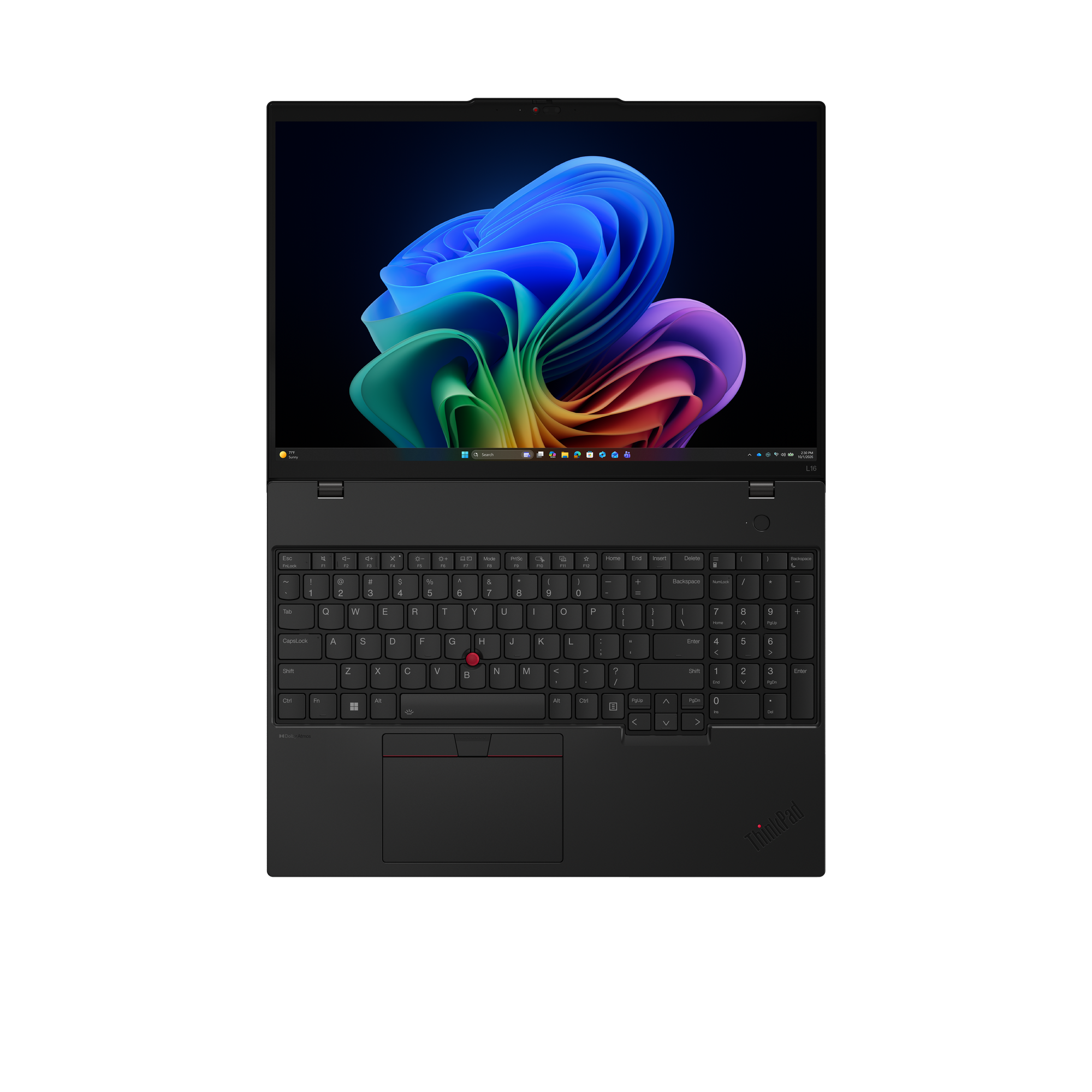 Ein schwarzer Laptop mit geöffnetem Bildschirm, der ein buntes, abstraktes Hintergrundbild zeigt.