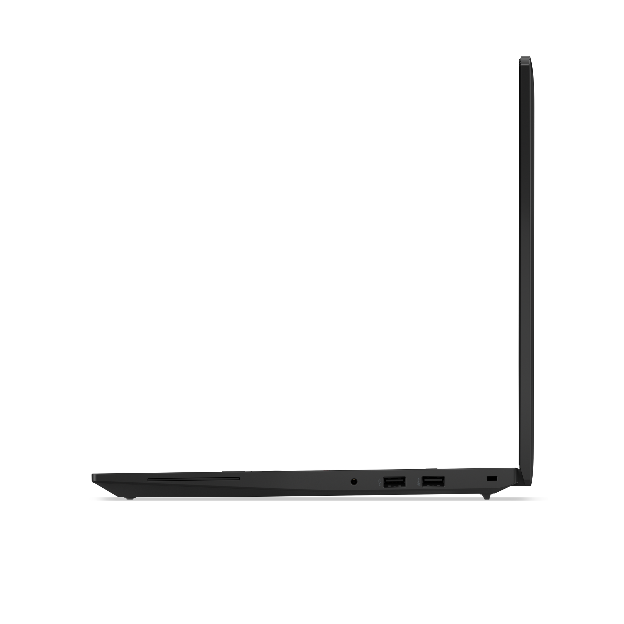 Seitenansicht eines geschlossenen schwarzen Laptops, Anschlüsse am Rand.