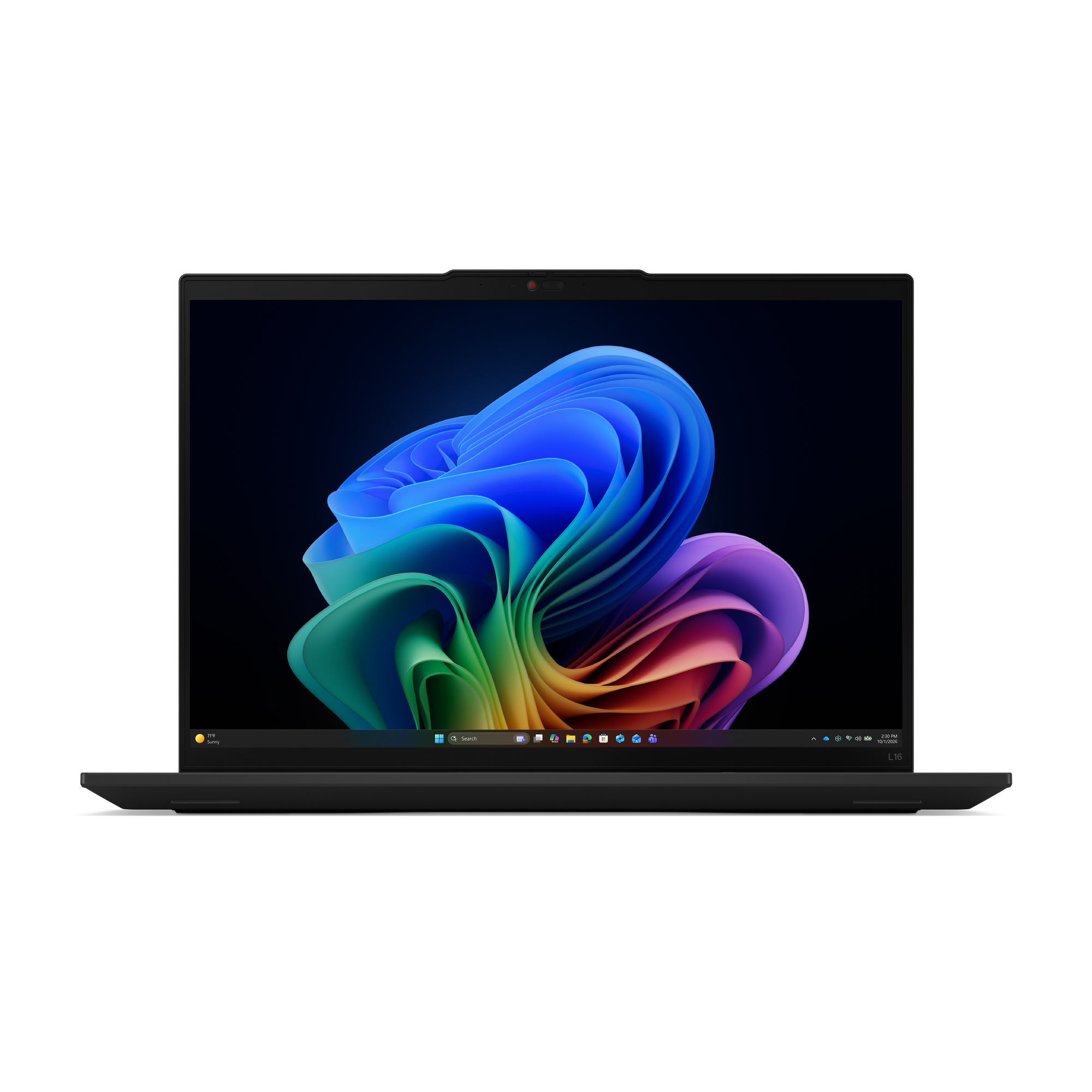 Ein schwarzer Laptop mit einem bunten, wellenartigen Hintergrundbild auf dem Bildschirm.