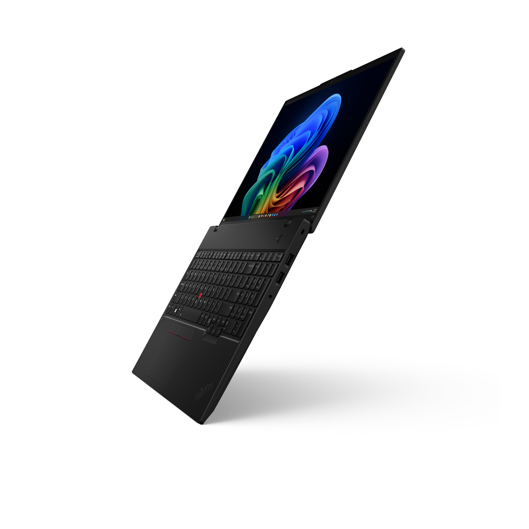 Schwarzer Laptop mit farbigem Hintergrund auf dem Bildschirm.