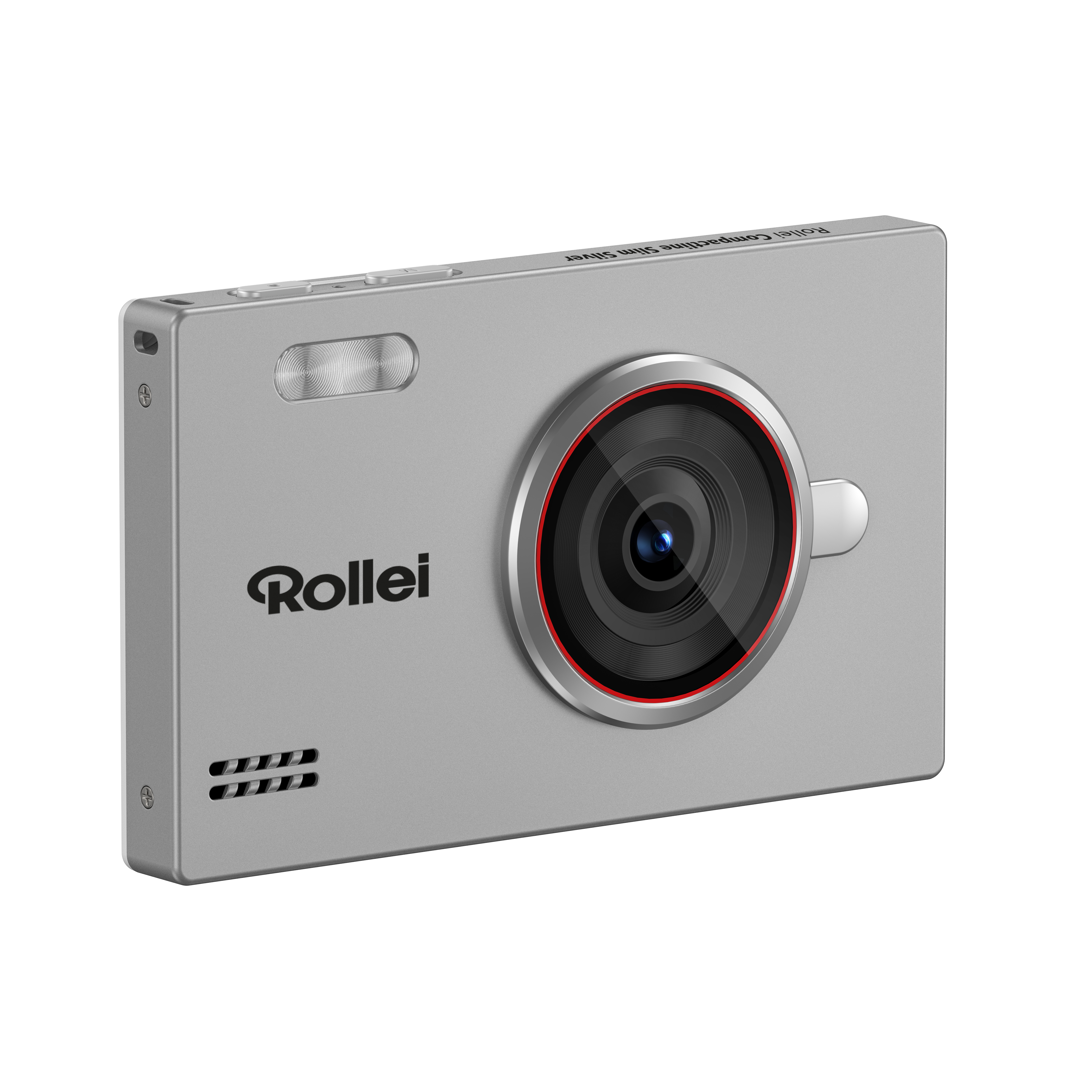Silberne Rollei Kamera mit roten Akzenten und einem Objektiv.