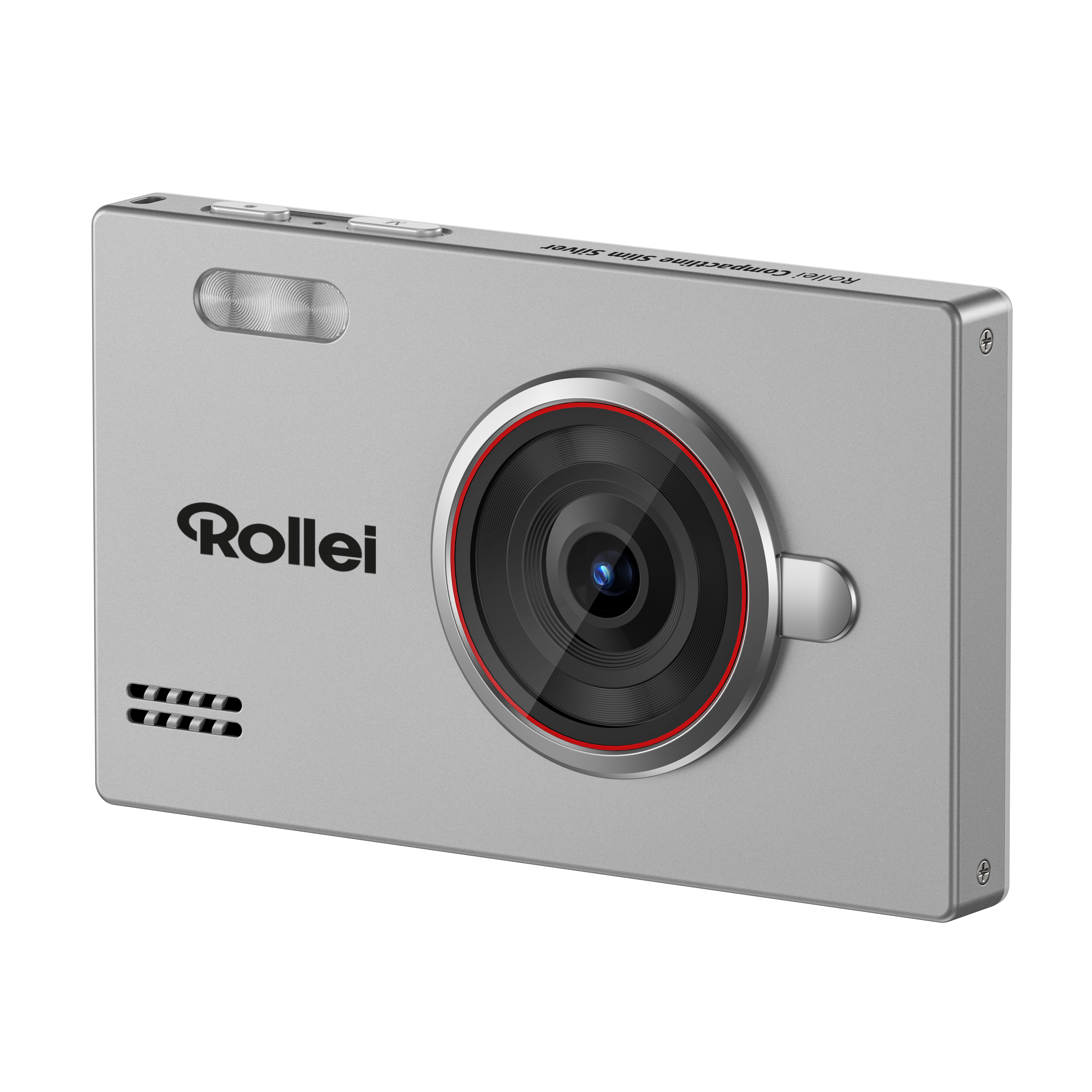 Silberne Rollei Kompaktkamera mit auffälliger Linse und rotem Akzentring.