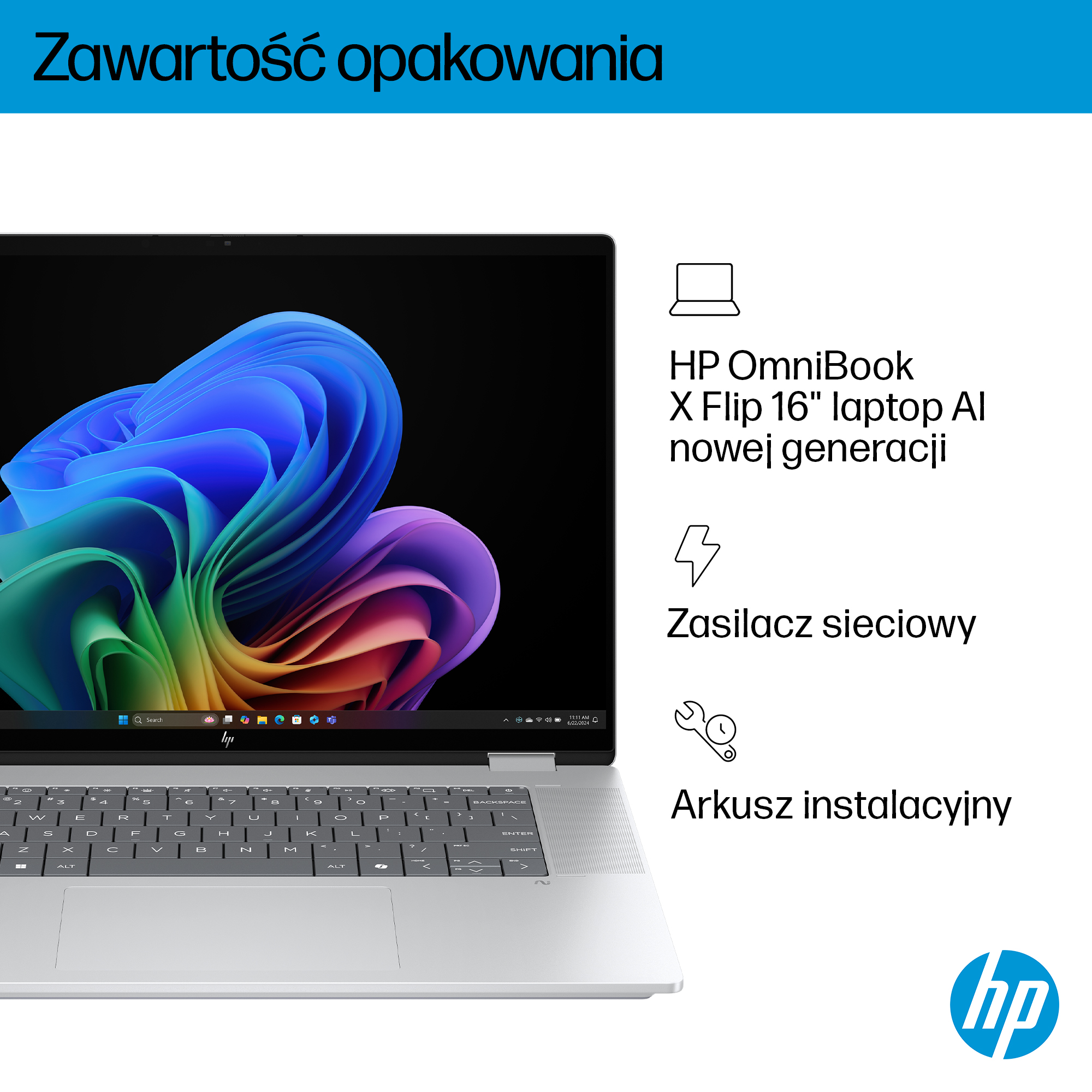 Srebrny laptop HP OmniBook X Flip 16" z kolorową tapetą.