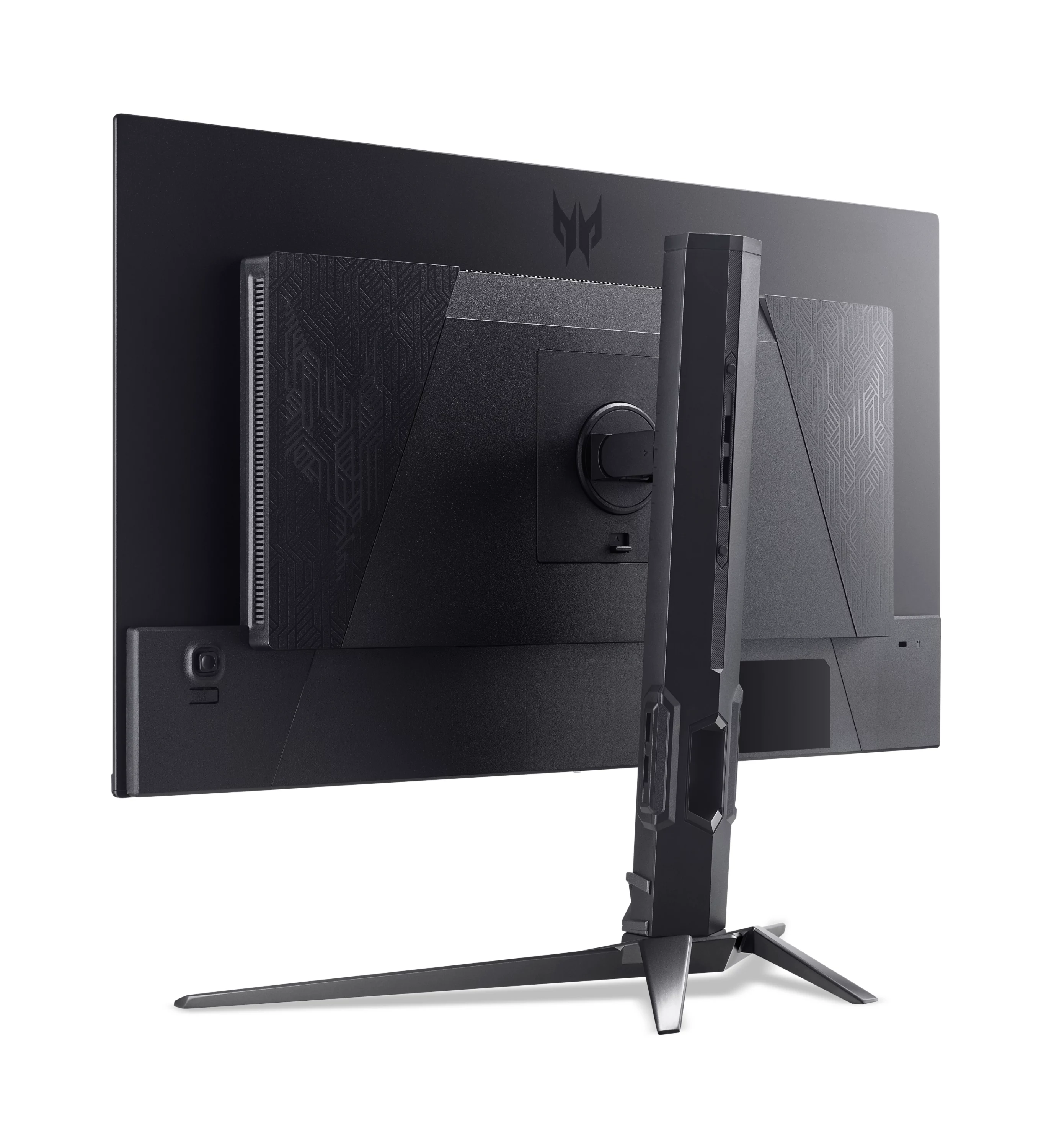 Fekete monitor hátulnézete Acer Predator logóval és háromlábú állvánnyal.