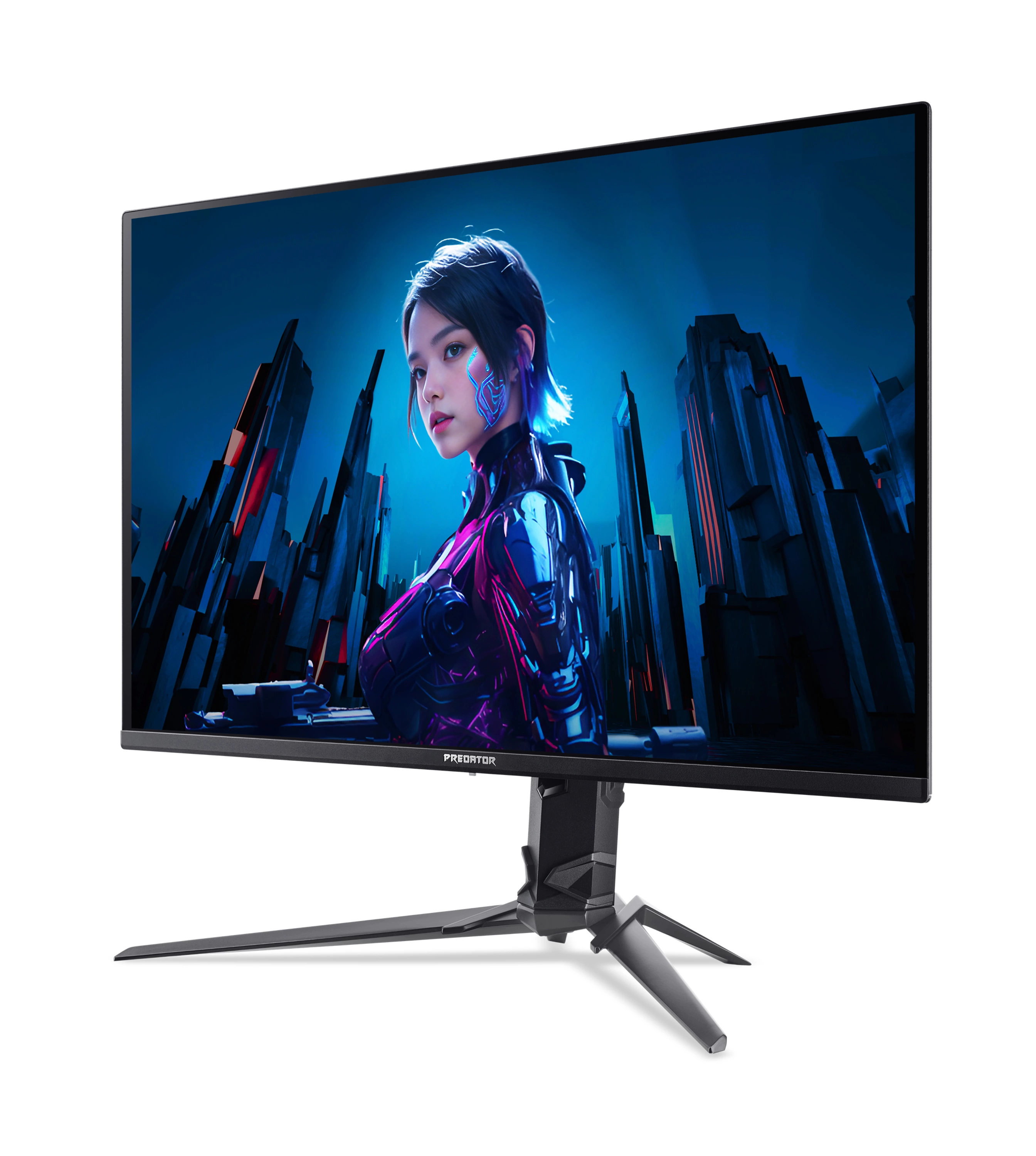 Egy gamer monitor futurisztikus képet mutat egy fiatal, cyberpunk ruhás nőről.