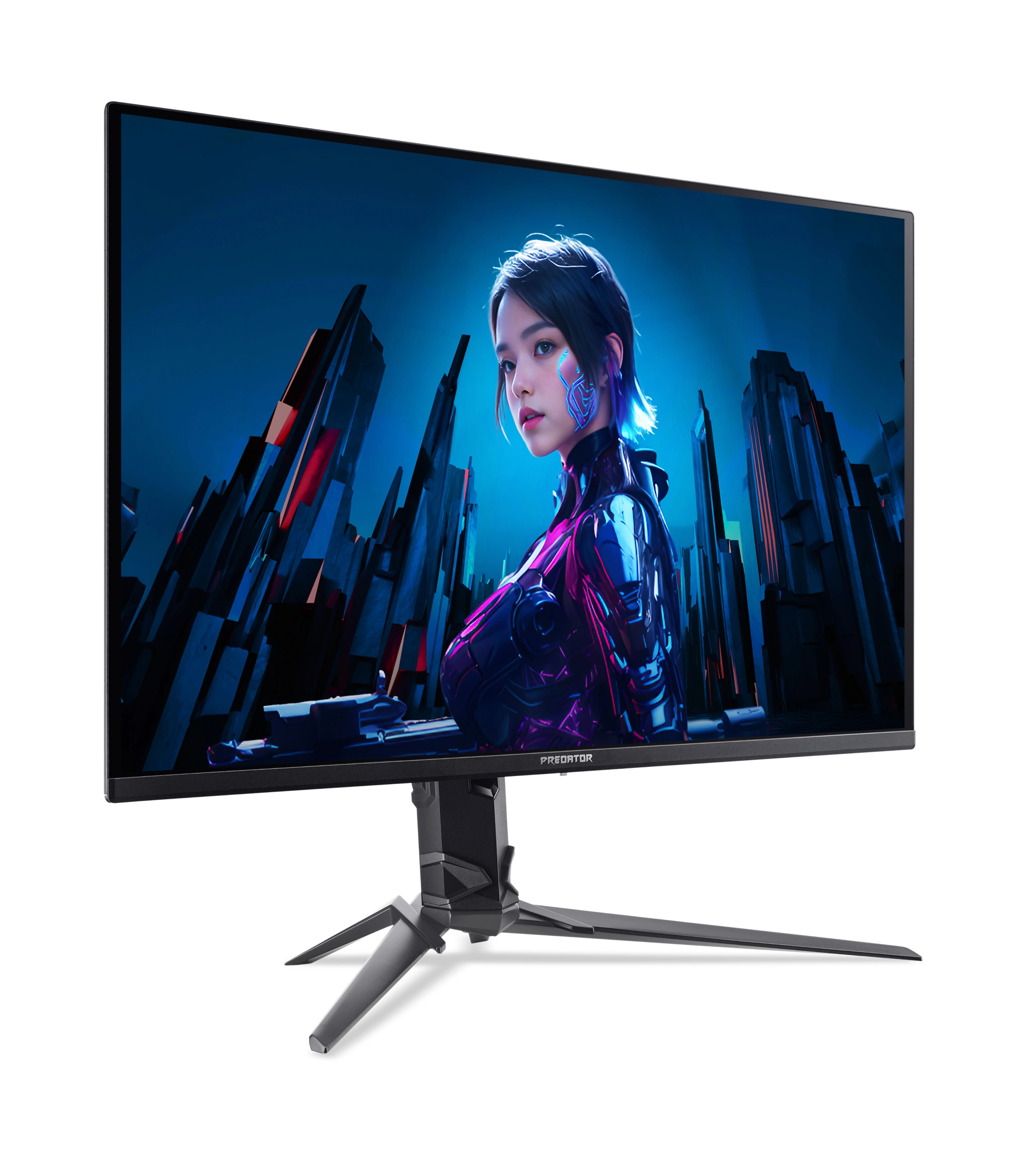 Egy gamer monitor futurisztikus képet mutat egy nőről, világító ékezetekkel.