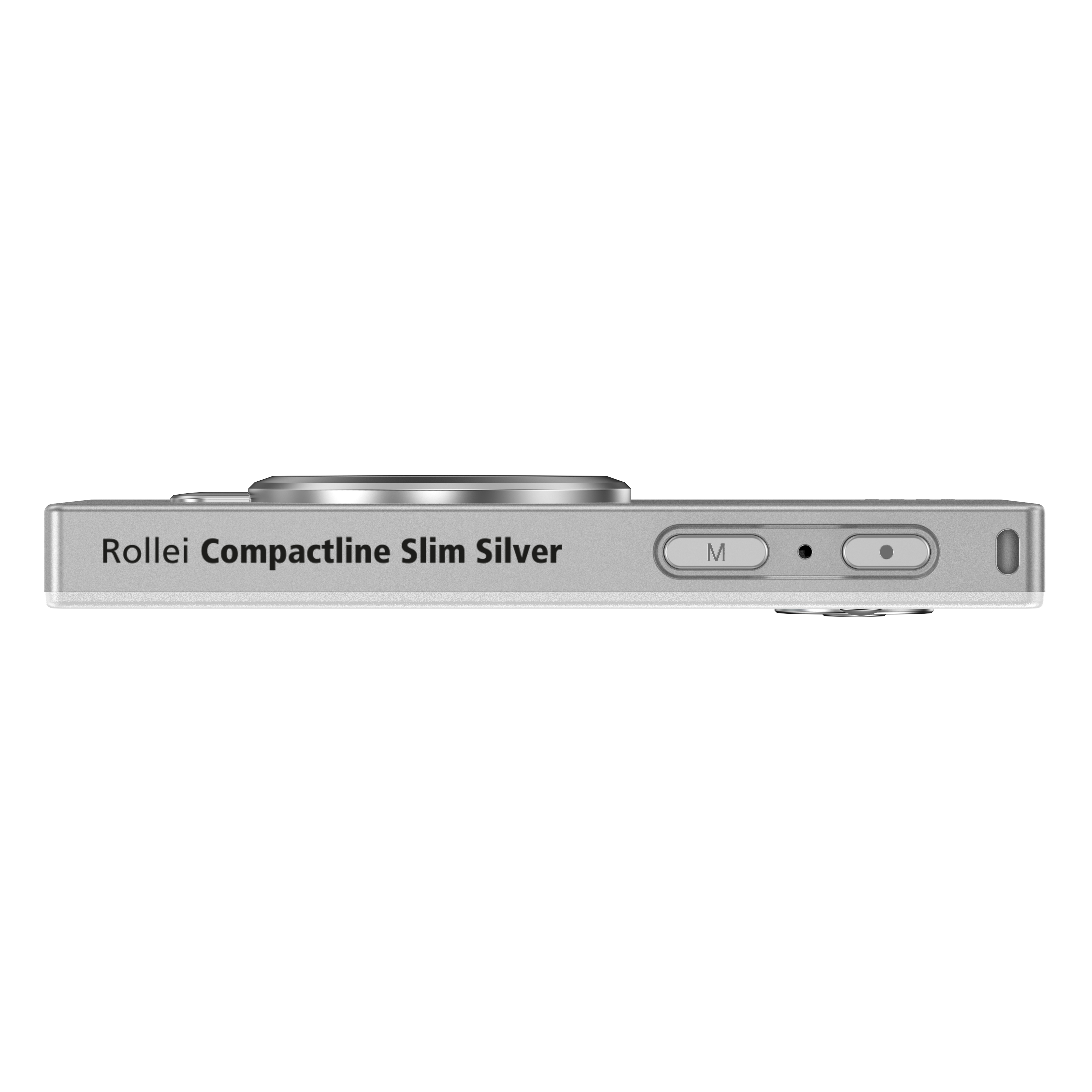 Silberne Rollei Compactline Slim Kamera mit Bedienelementen und Beschriftung.