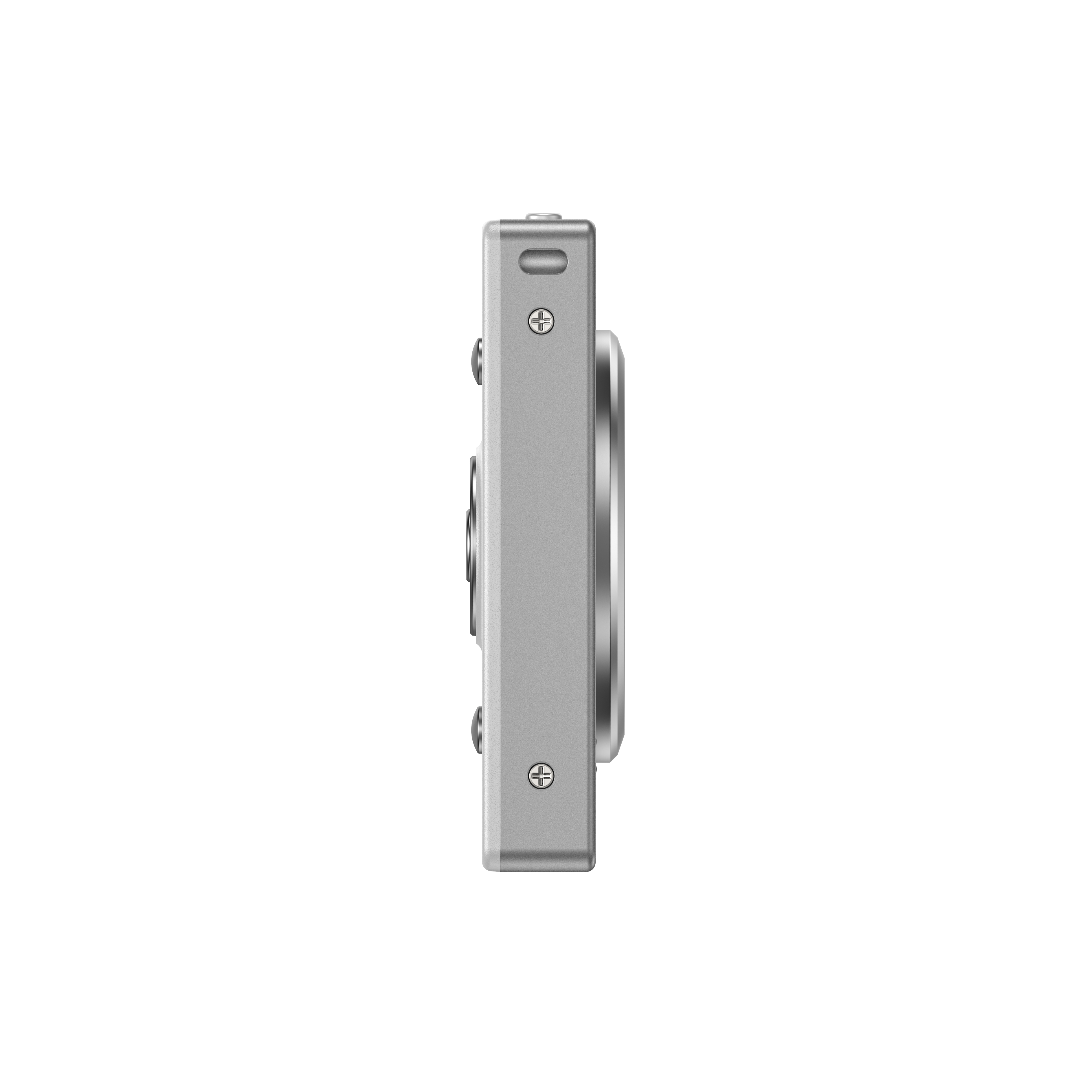 Silberne Digitalkamera von der Seite, mit Schrauben und Knöpfen.