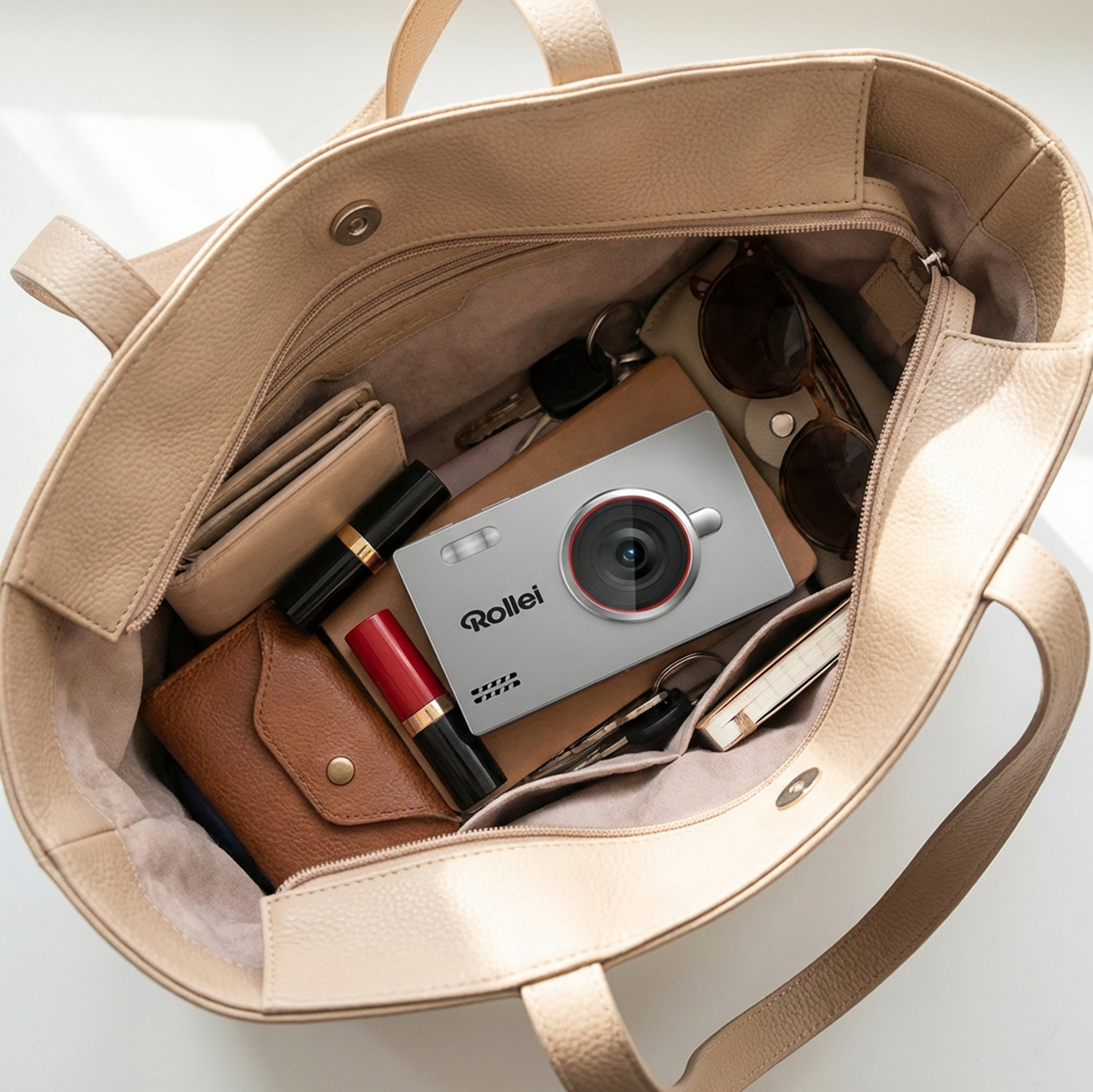 Eine beige Tasche mit Kamera, Lippenstiften, Sonnenbrille und Schlüsseln.