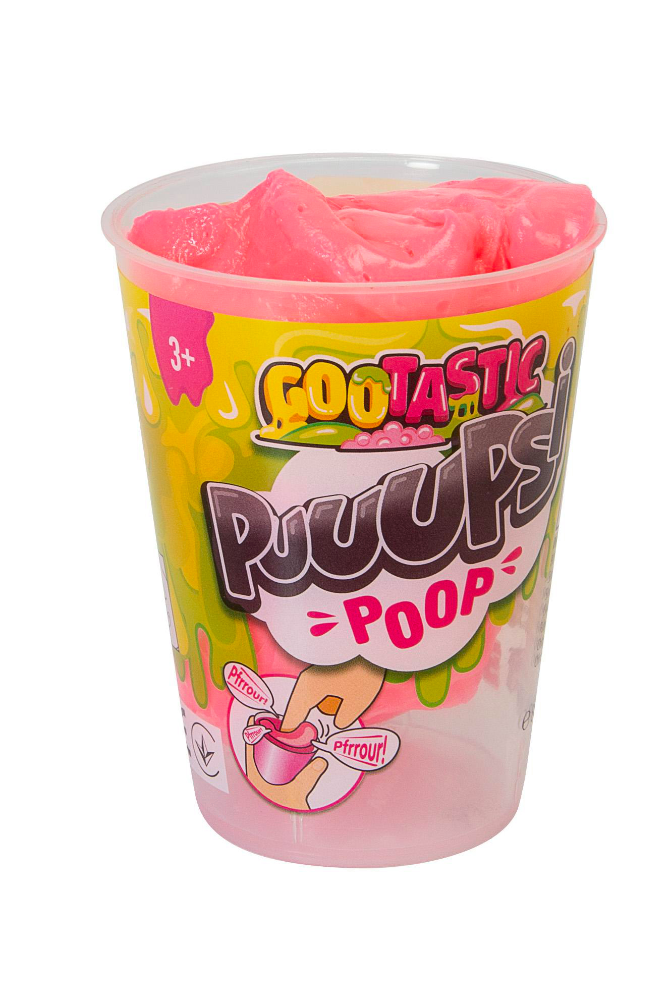 Ein pinker Schleim in einem durchsichtigen Plastikbecher mit "Gootastic PooUps"-Branding und Grafiken.