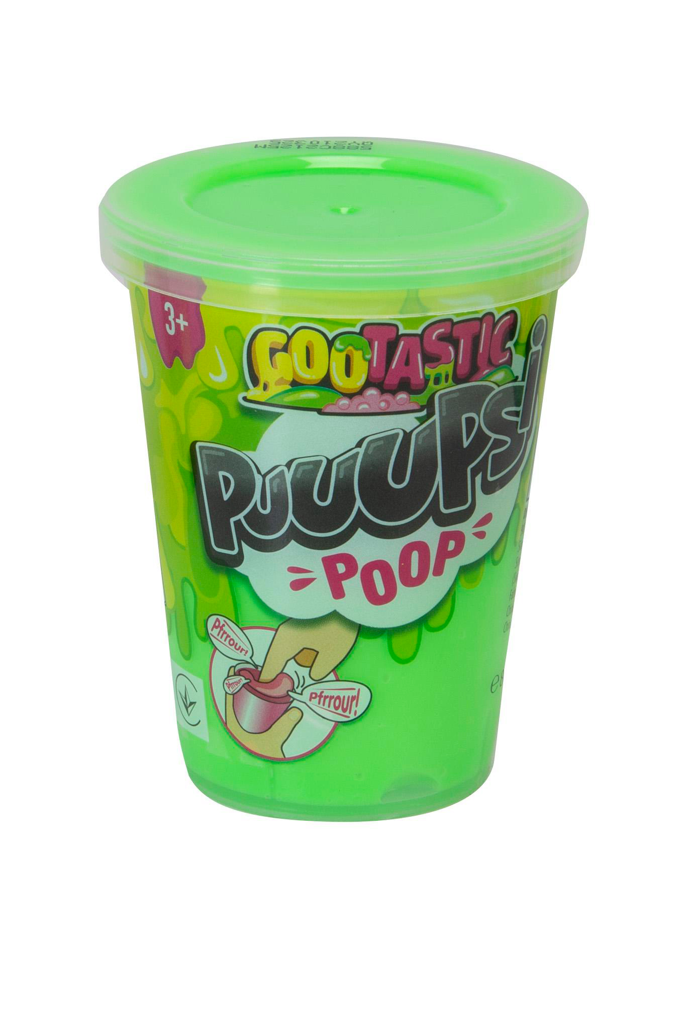 Grüner Behälter mit "Gootastic Puups = POOP"-Aufschrift und einer Abbildung einer Hand, die etwas herauszieht.