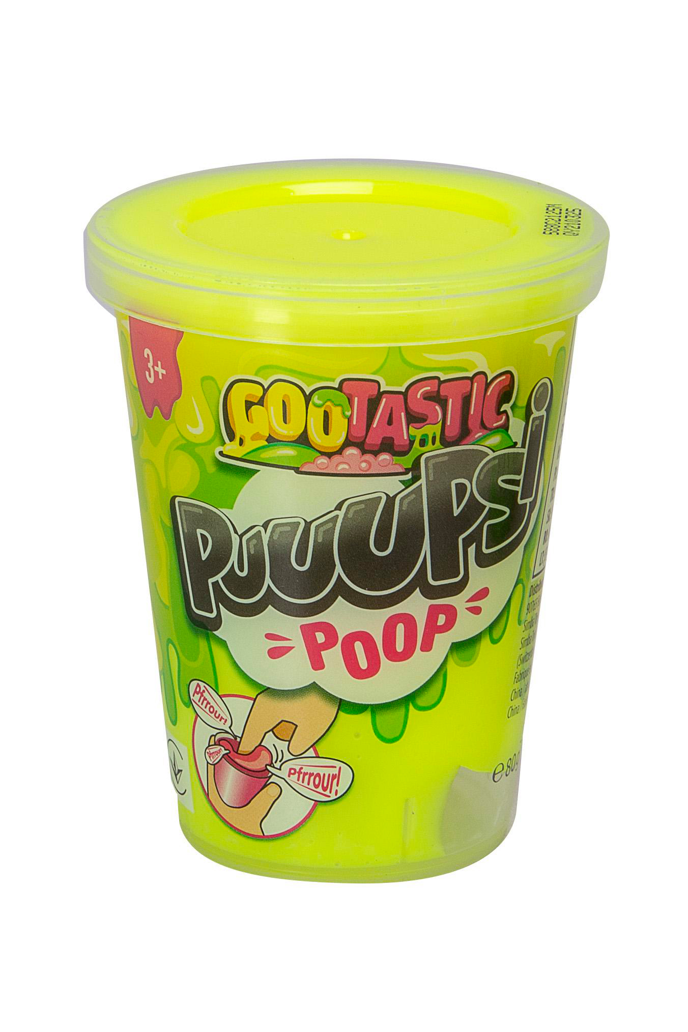 Ein gelber Behälter mit der Aufschrift "Gootastic Puuups! POOP" und einer Illustration von Händen, die etwas formen.