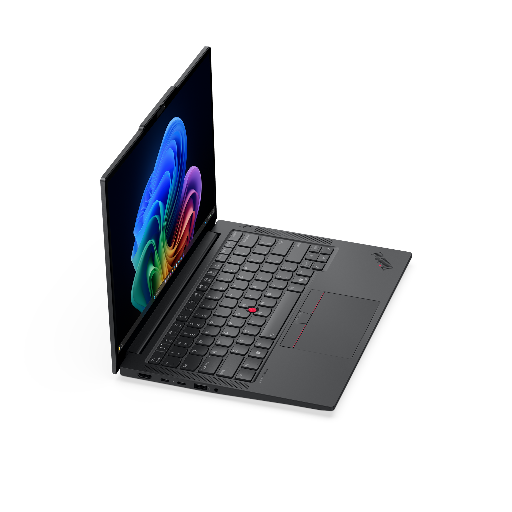 Ein dunkler ThinkPad-Laptop mit beleuchtetem, farbenfrohem Hintergrundbild.