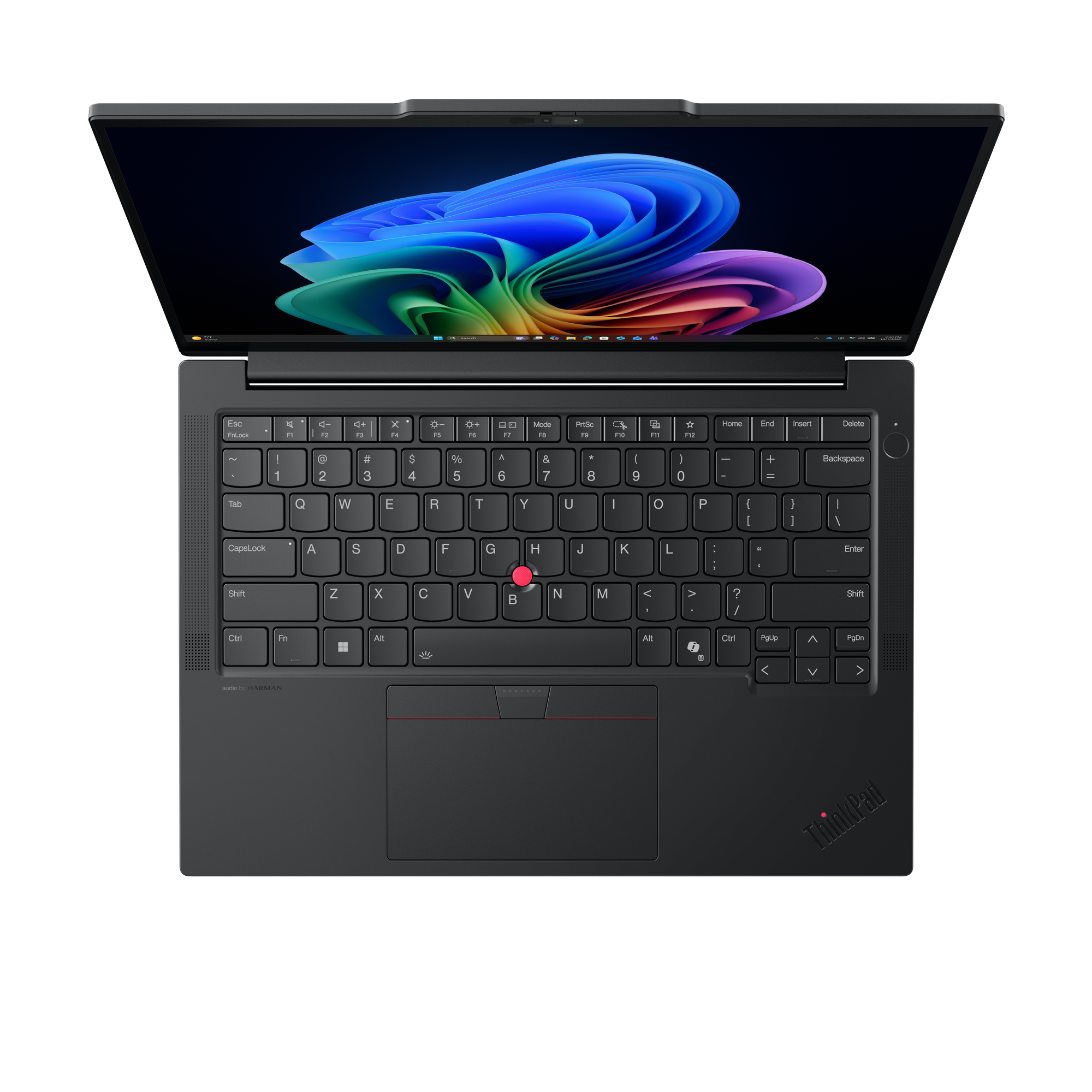 Ein offener schwarzer Laptop mit einem bunten Hintergrundbild auf dem Bildschirm.