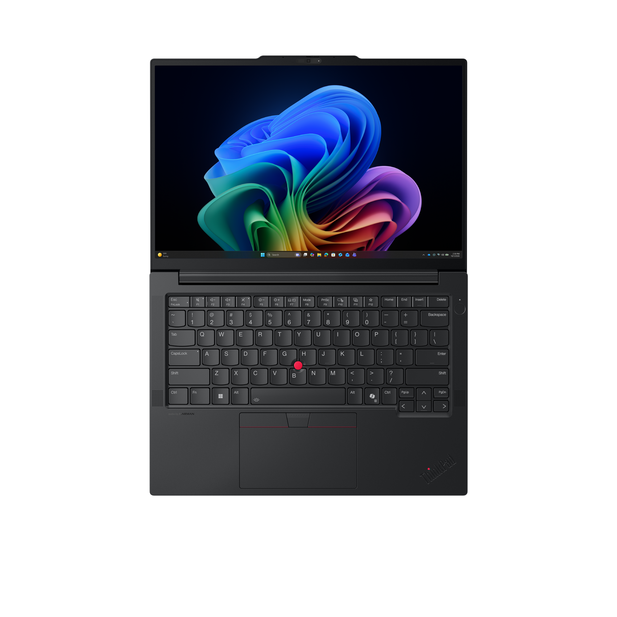 Ein geöffneter Laptop mit einem bunten Hintergrundbild auf dem Bildschirm und einer Tastatur.