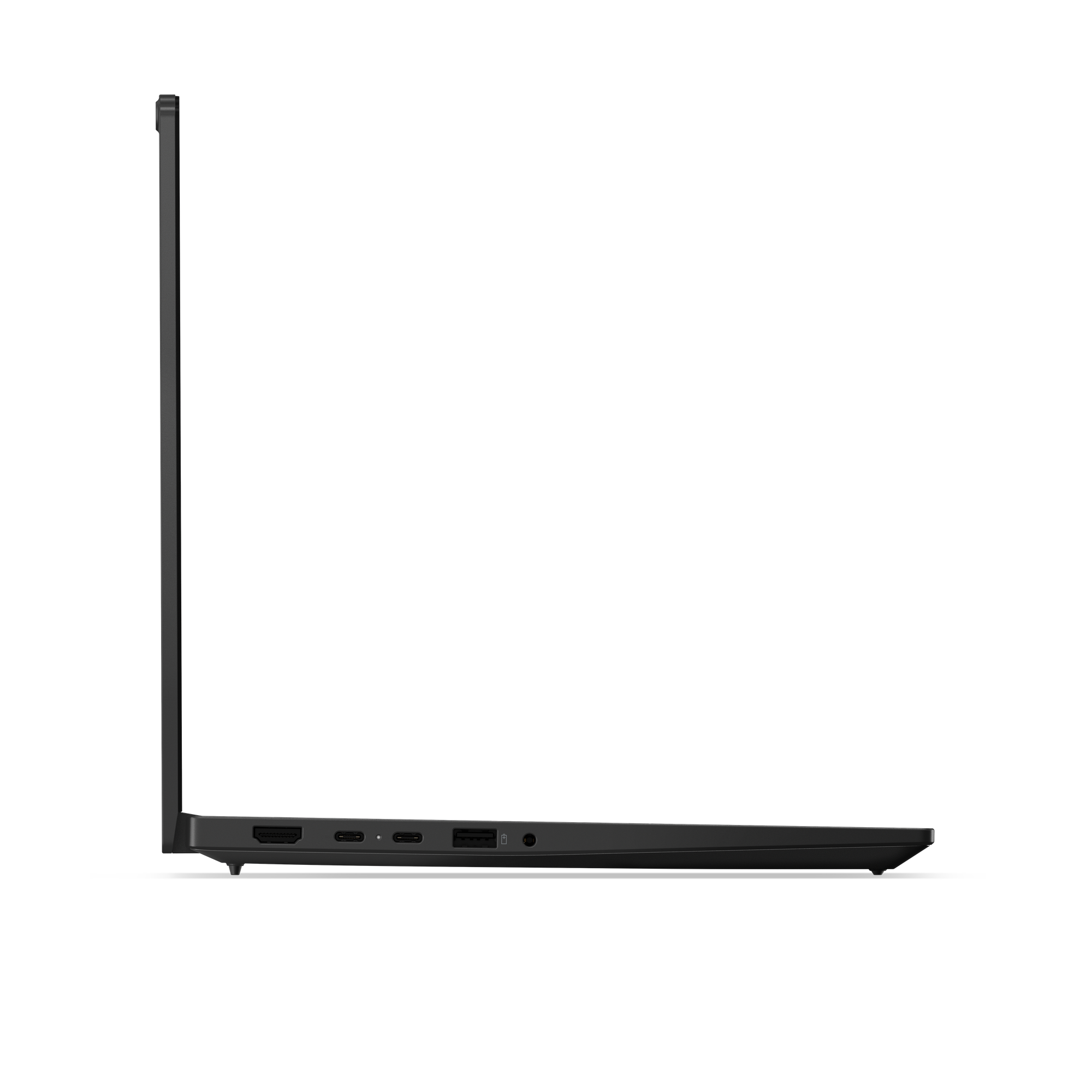 Seitenansicht eines dunklen Laptops mit Anschlüssen: HDMI, USB-C, USB-A, Kopfhöreranschluss.