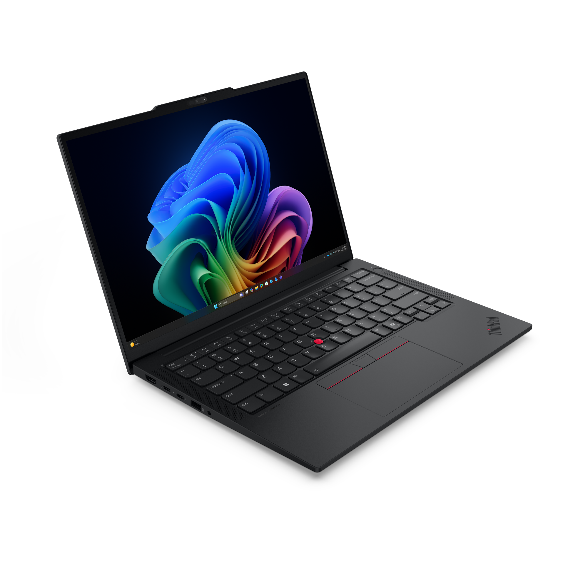 Ein schwarzer Laptop mit einem bunten Hintergrundbild auf dem Bildschirm.
