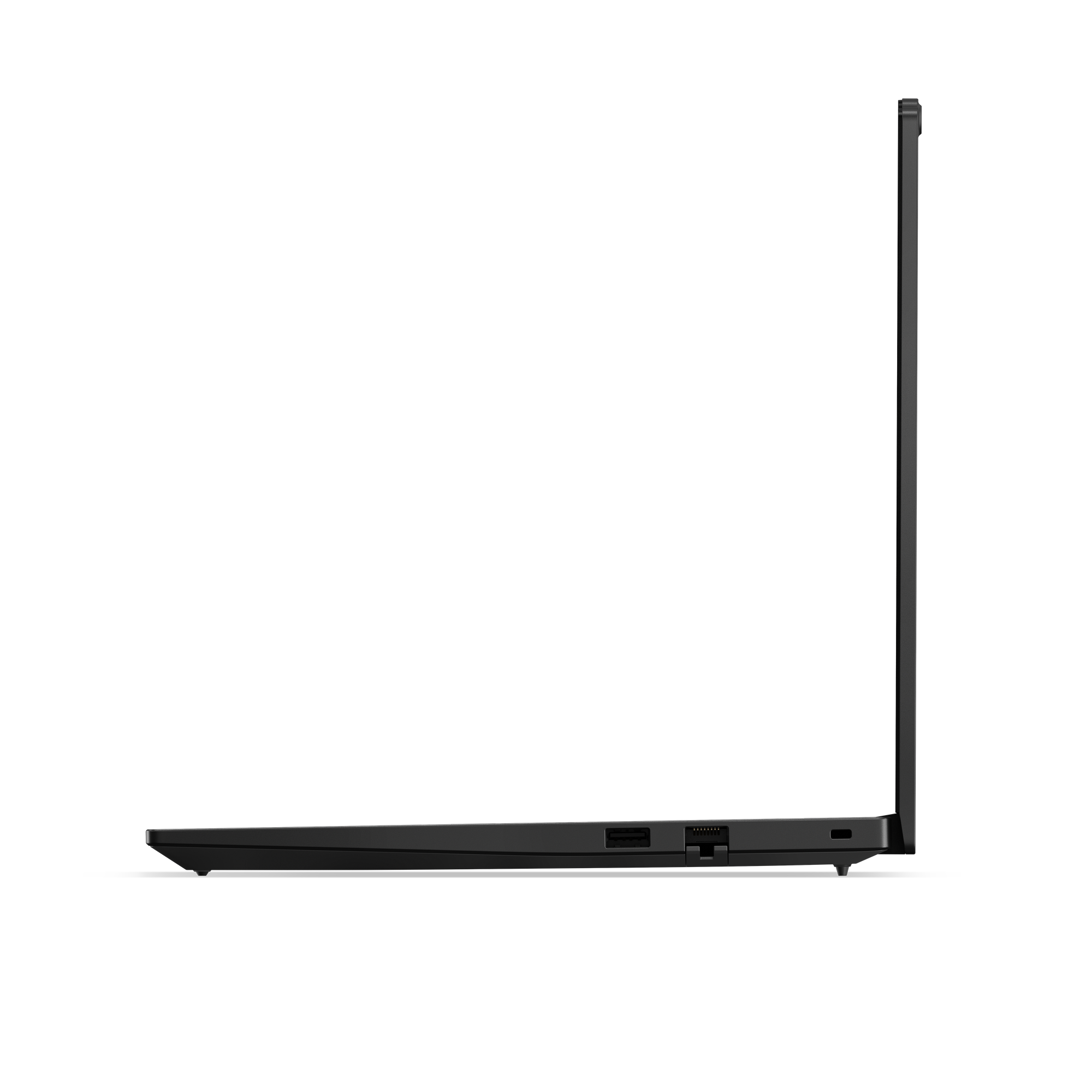Schwarzer Laptop im Profil, geöffnet, mit USB-Anschlüssen an der Seite.