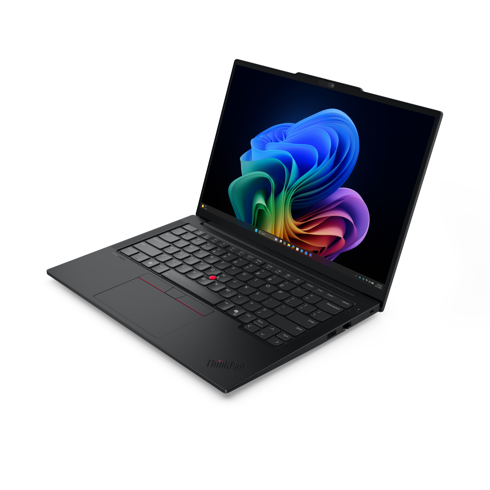 Ein schwarzer Laptop mit beleuchtetem Bildschirm, der ein buntes Muster zeigt.