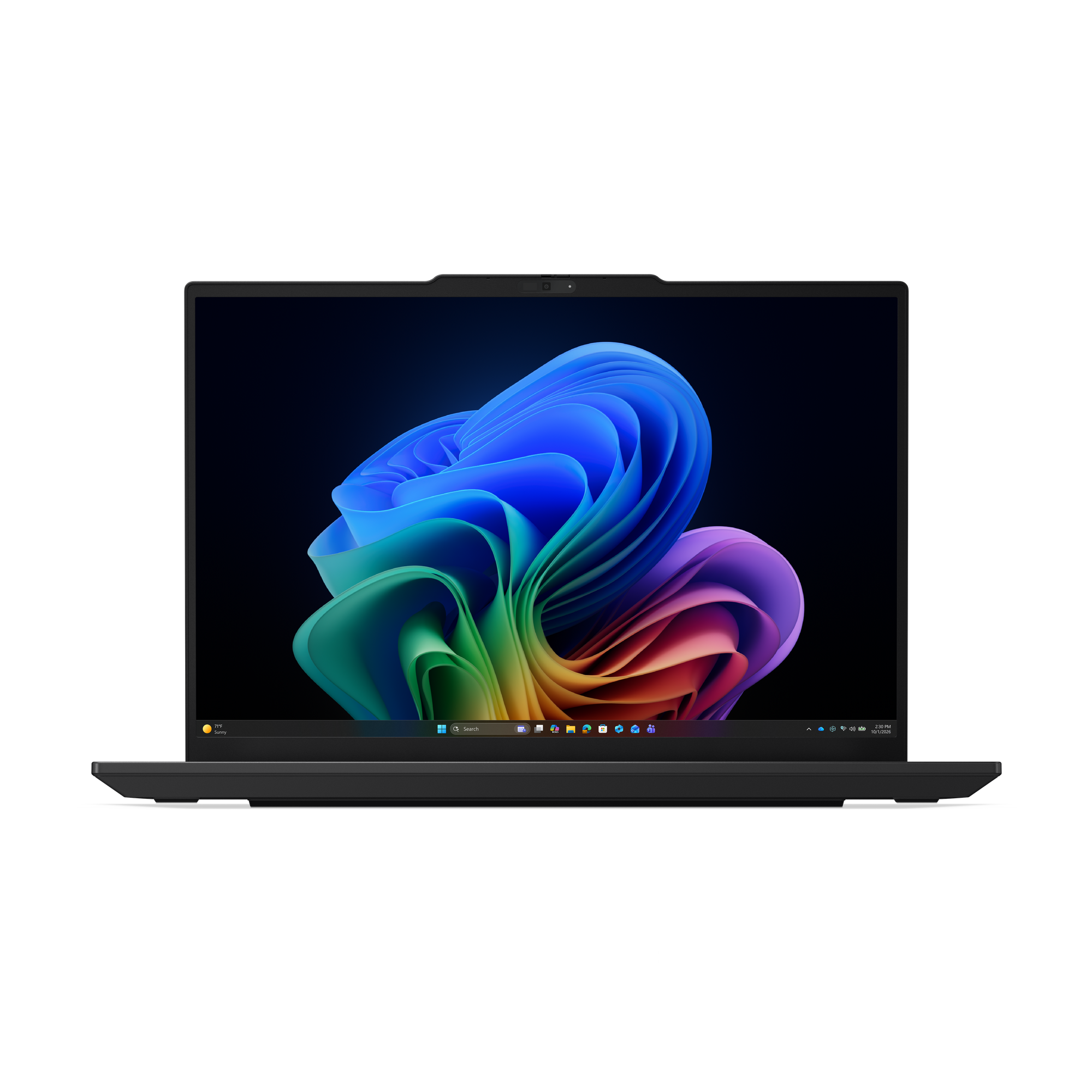 Ein schwarzer Laptop mit einem bunten Hintergrundbild und einer Taskleiste.