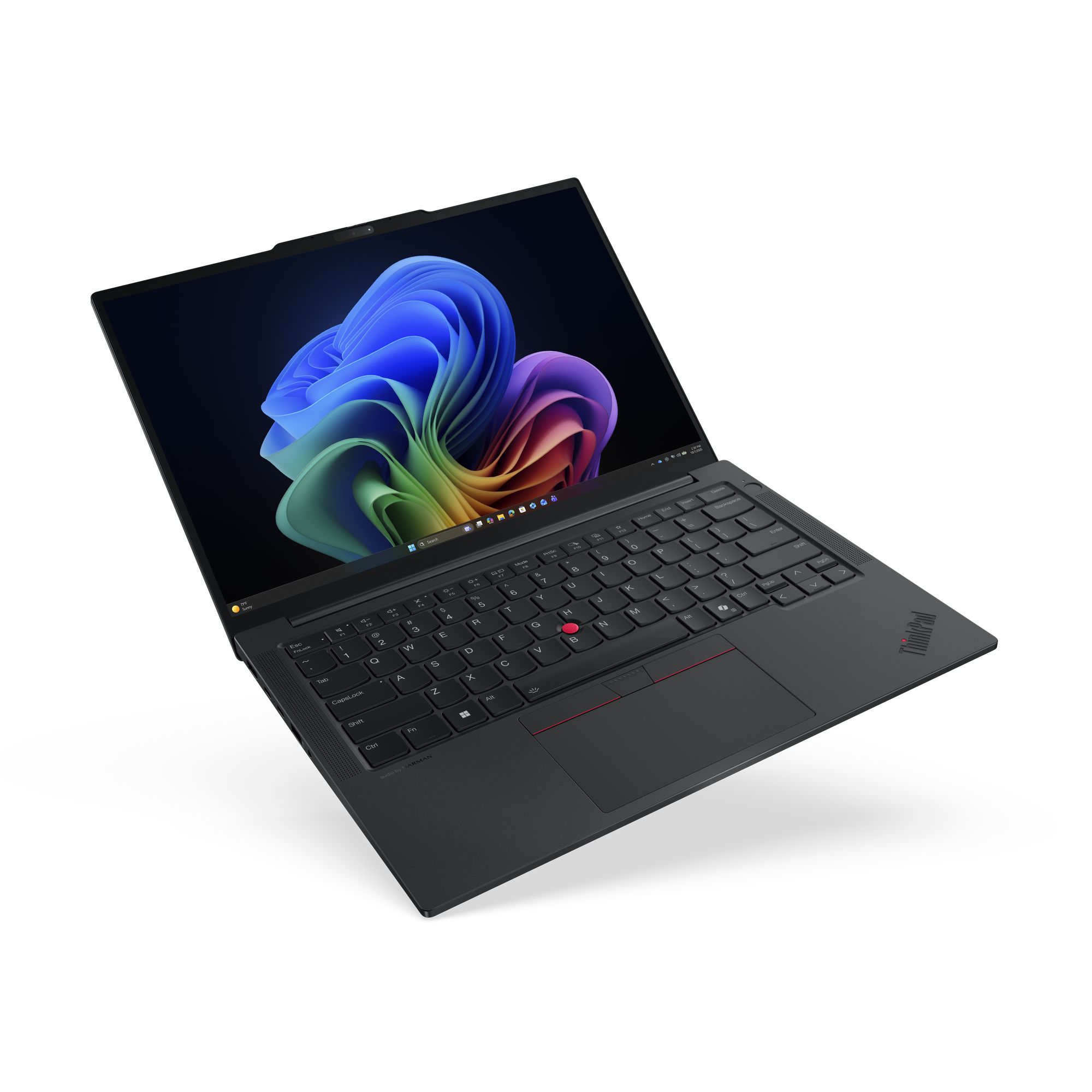 Ein schwarzer Laptop mit leuchtender, bunter Tapete auf dem Bildschirm.