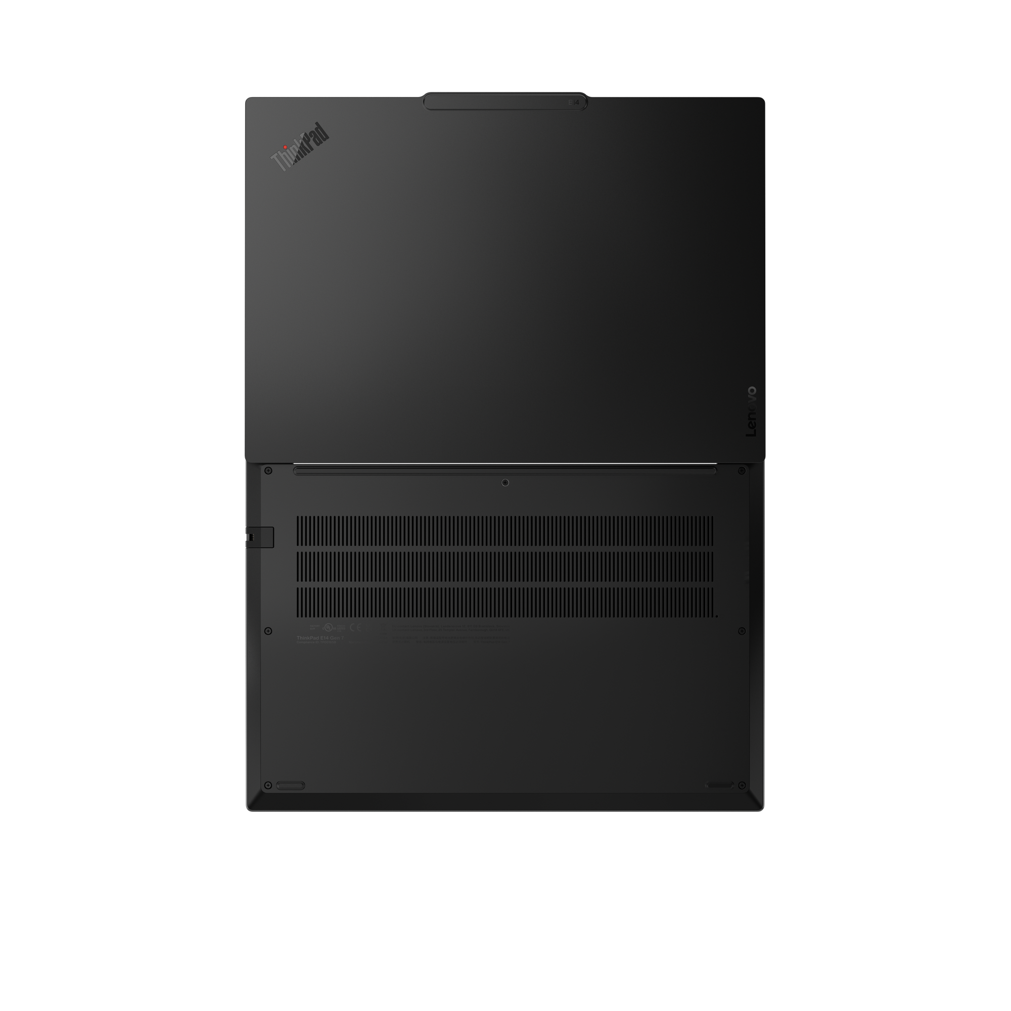 Schwarzer Lenovo ThinkPad E14 Gen 7 Laptop von unten mit Lüftungsschlitzen.