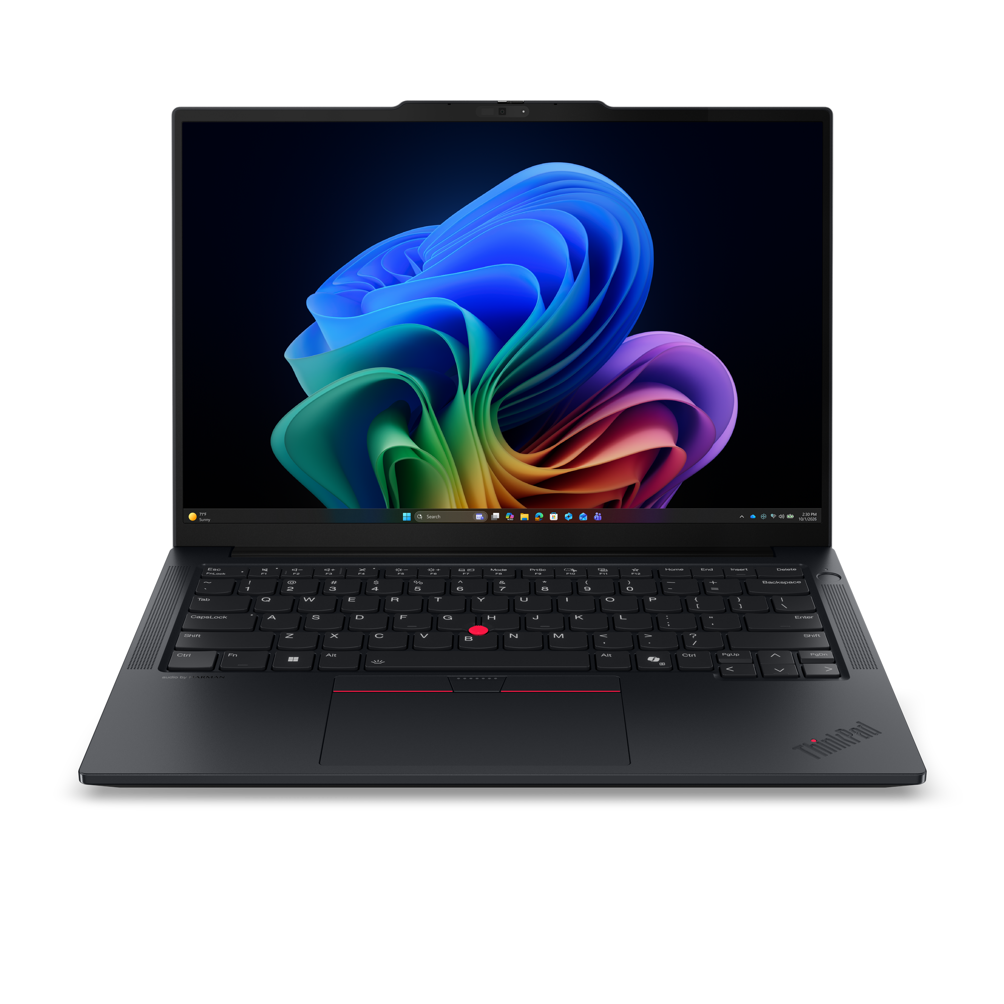 Ein dunkler Laptop mit einem bunten Hintergrundbild auf dem Bildschirm.