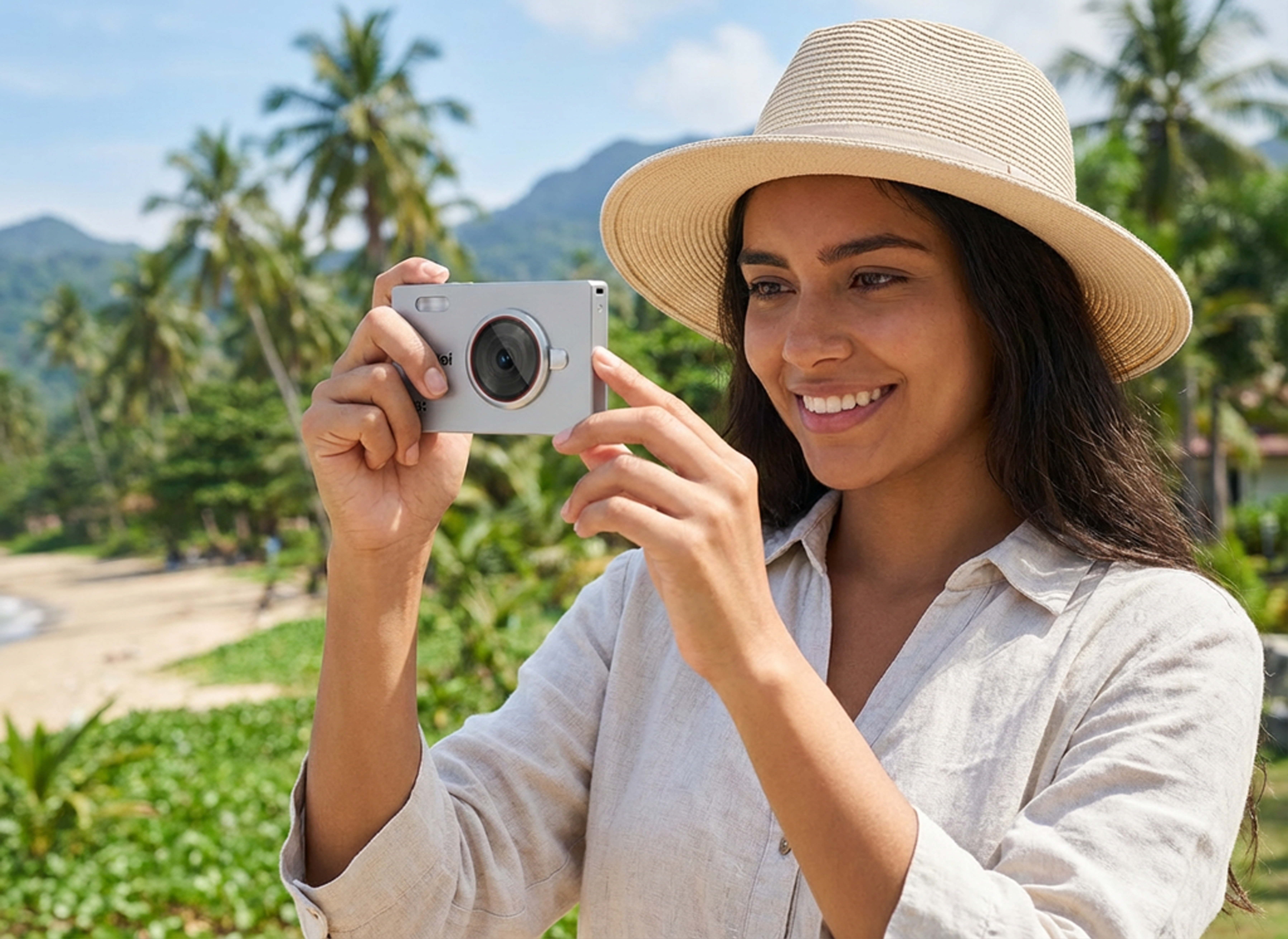 Frau mit Hut fotografiert mit einer Kamera am Strand mit Palmen.