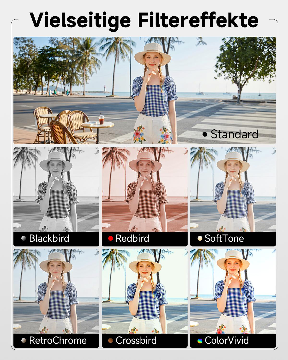 Eine Frau mit Hut und kariertem Oberteil ist in sechs Variationen mit verschiedenen Farbfiltereffekten vor einem Strandhintergrund zu sehen.