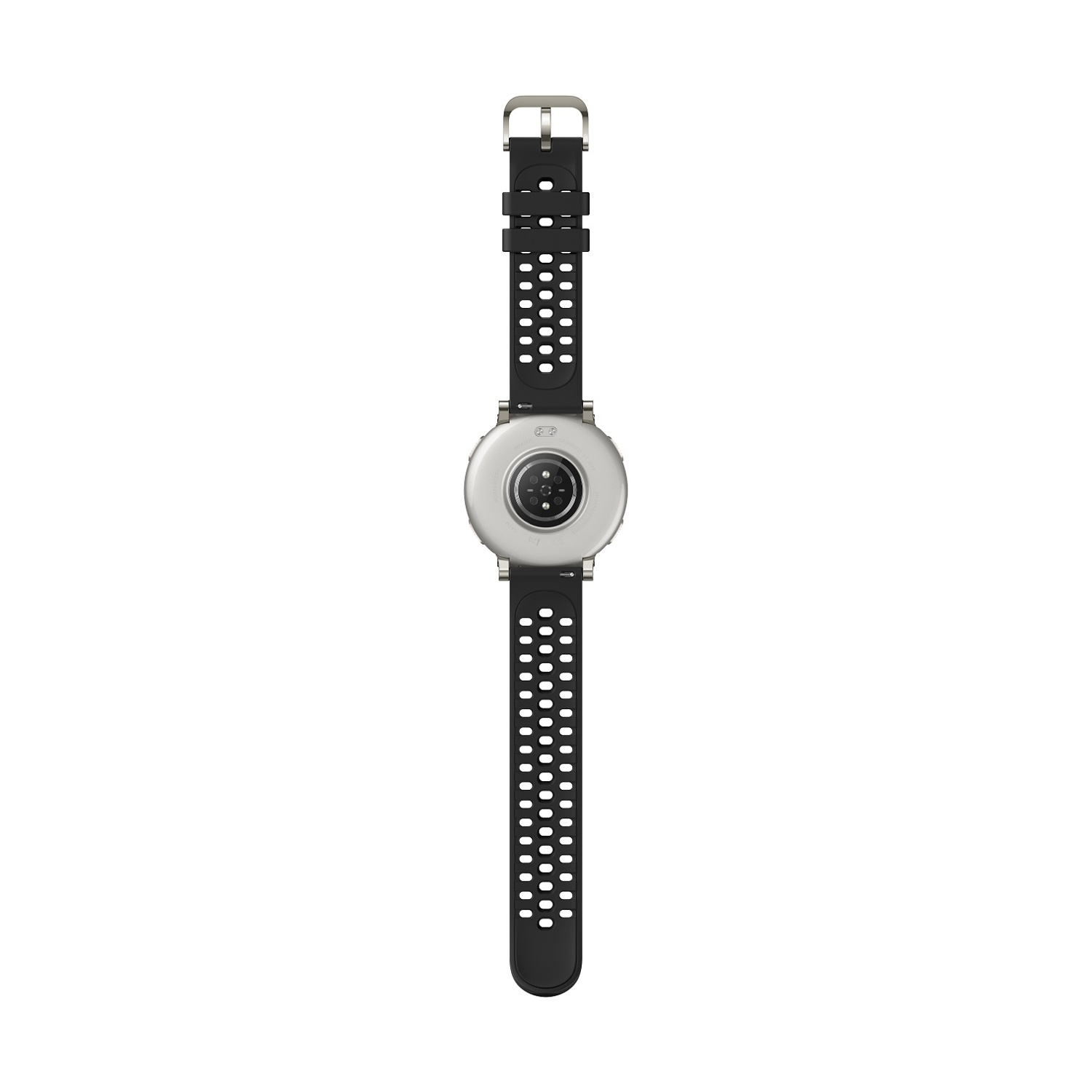 Smartwatch argentata con cinturino nero traforato e fibbia in metallo.