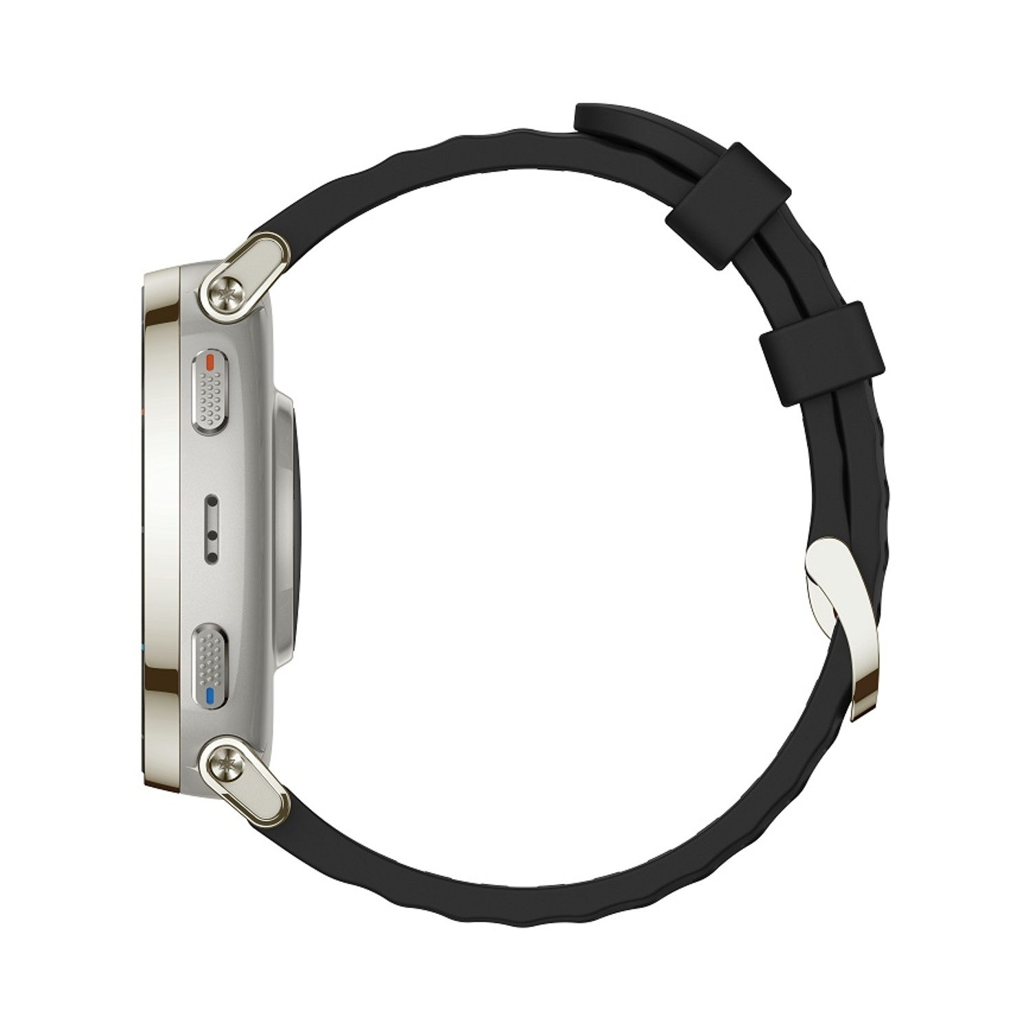 Smartwatch argentata con cinturino nero, vista laterale.