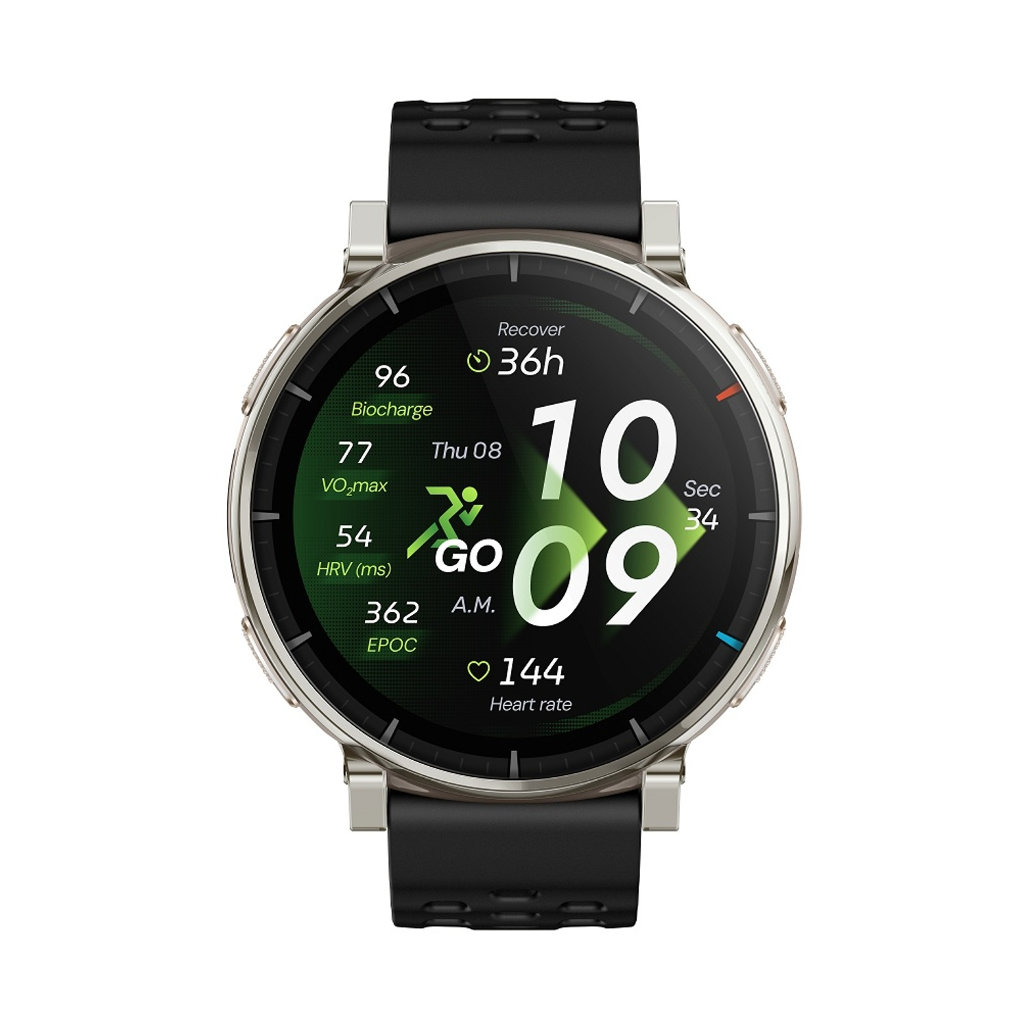 Uno smartwatch argentato con cinturino nero mostra statistiche sanitarie.
