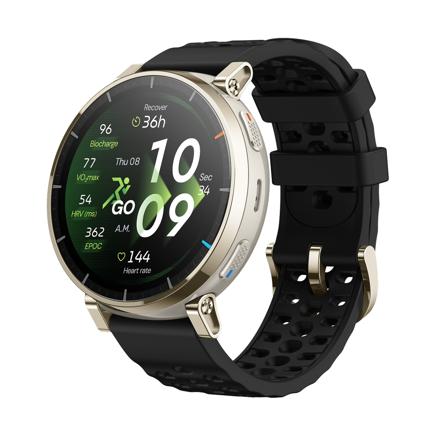 Uno smartwatch argentato con cinturino nero mostra statistiche sanitarie: 96 Biocharge, 77 VO2max, 54 HRV, 144 Heart rate.