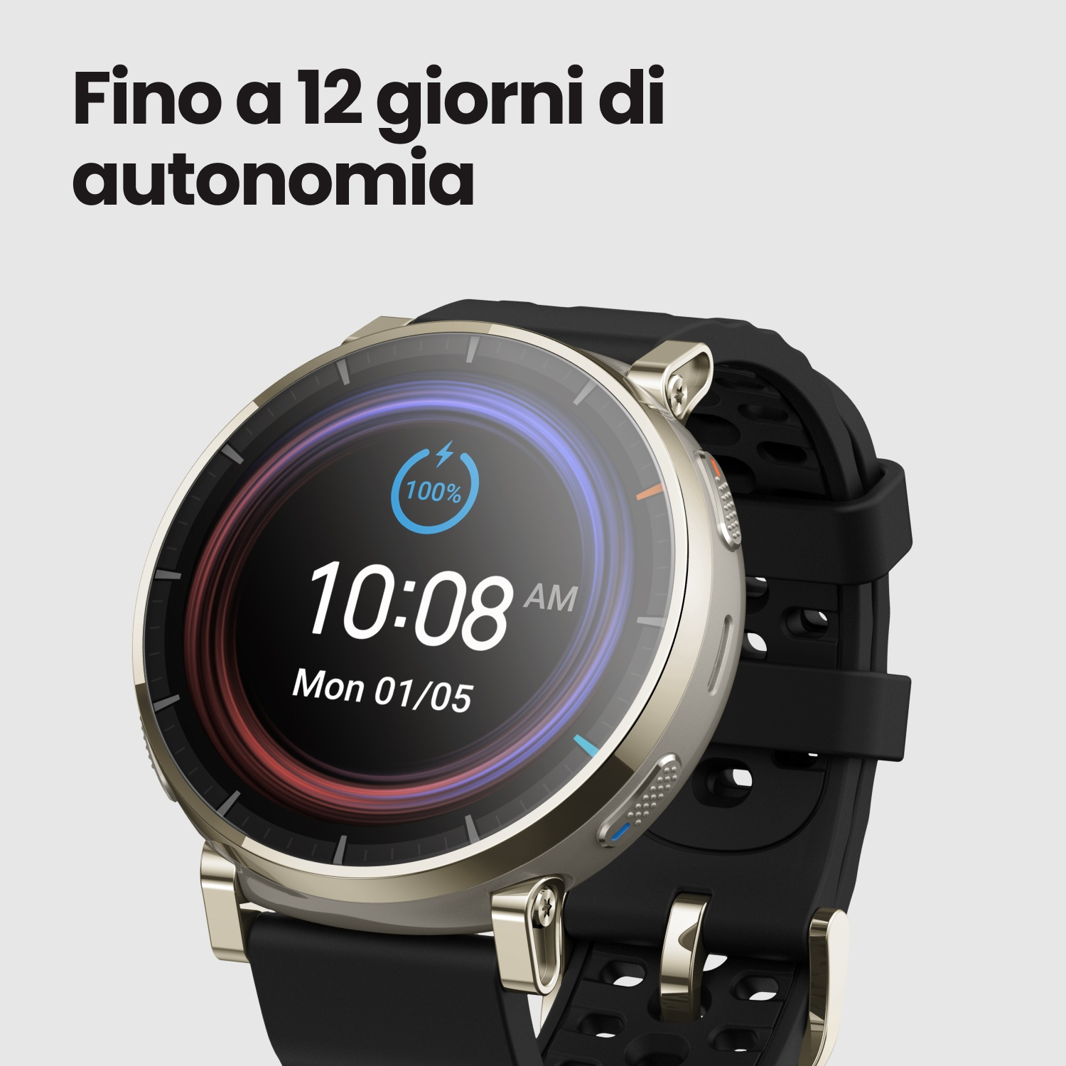 Uno smartwatch argentato con cinturino nero mostra le 10:08 e 100% di batteria.