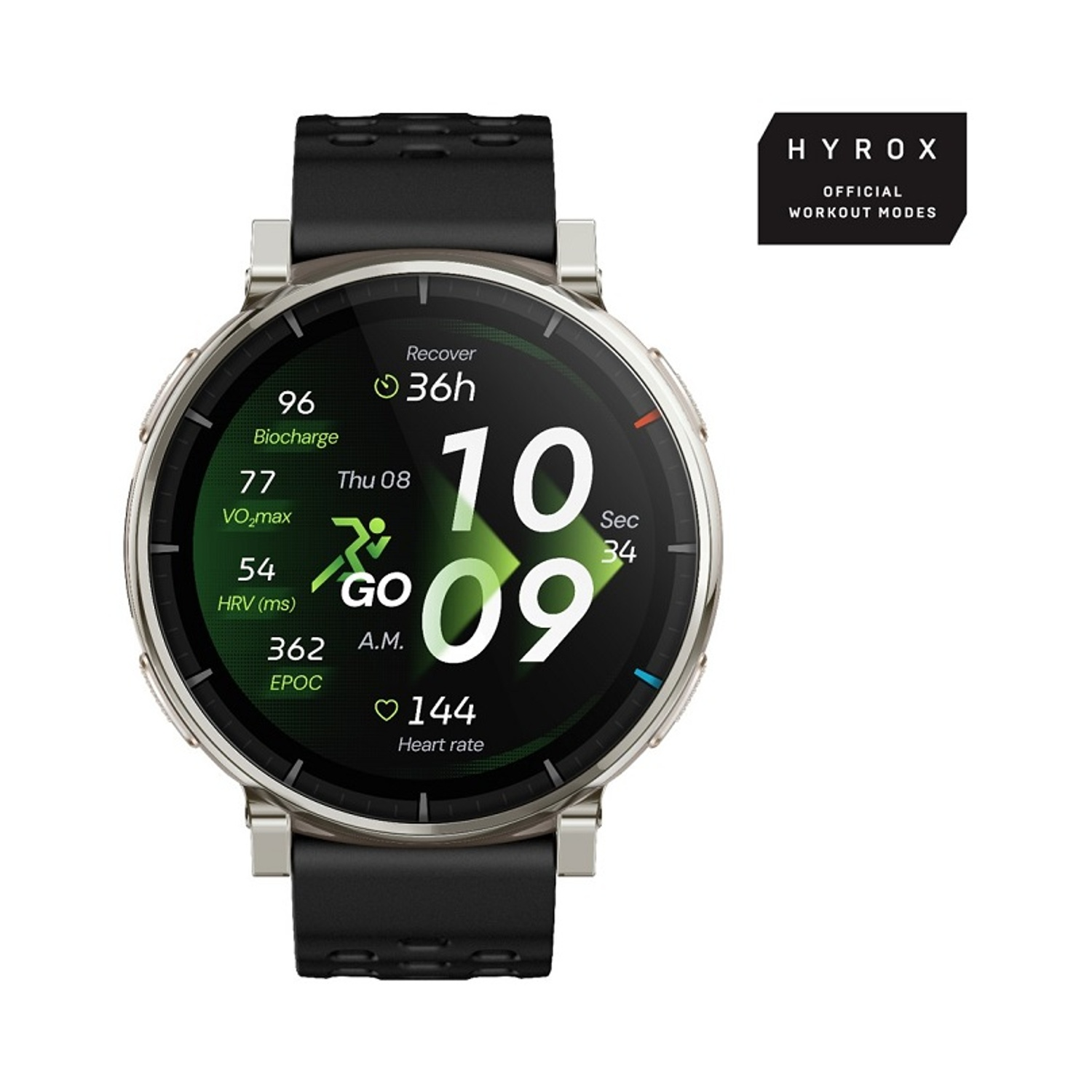 Smartwatch argentato con cinturino nero, mostra ora, battito cardiaco e dati allenamento.