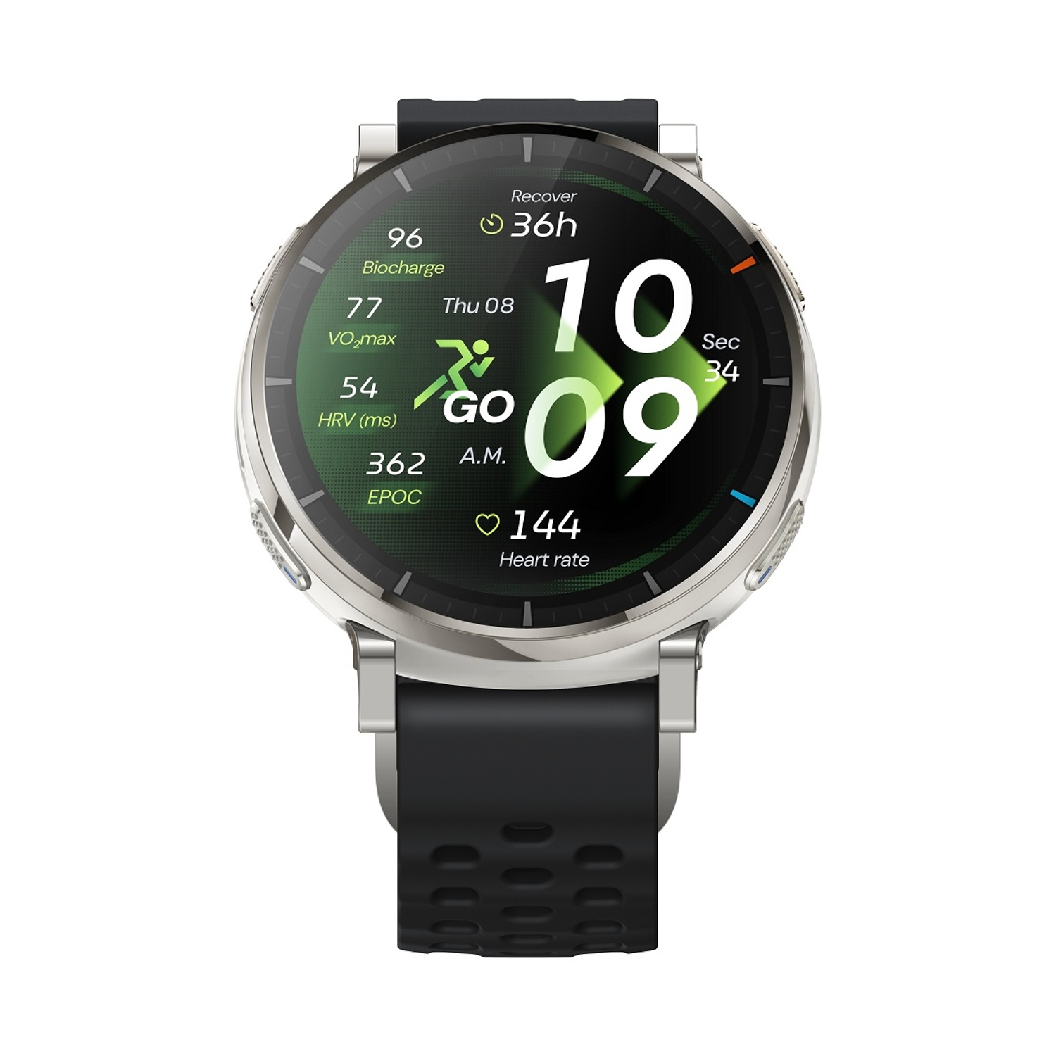Uno smartwatch con cinturino nero mostra dati fitness come battito cardiaco e tempo di recupero.