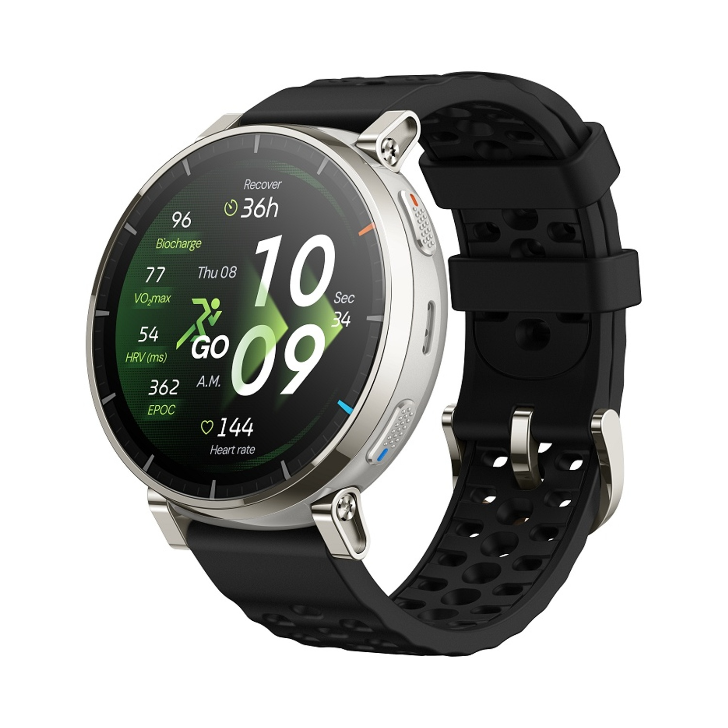 Uno smartwatch rotondo argentato con cinturino nero mostra dati fitness: battito cardiaco, VO2 max e tempo di recupero.