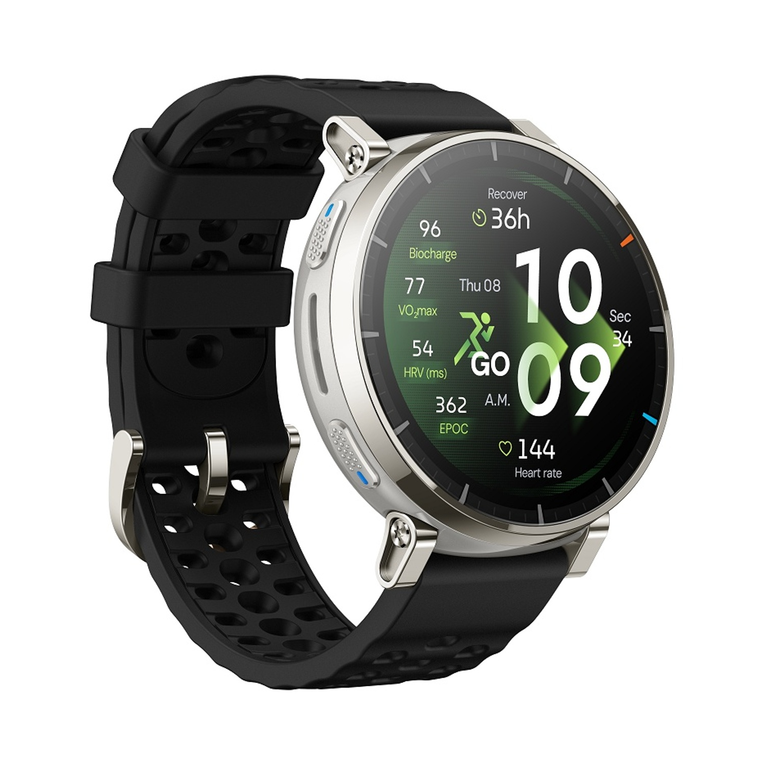 Smartwatch argentato con cinturino nero, mostra l'ora 10:09 e dati sanitari.